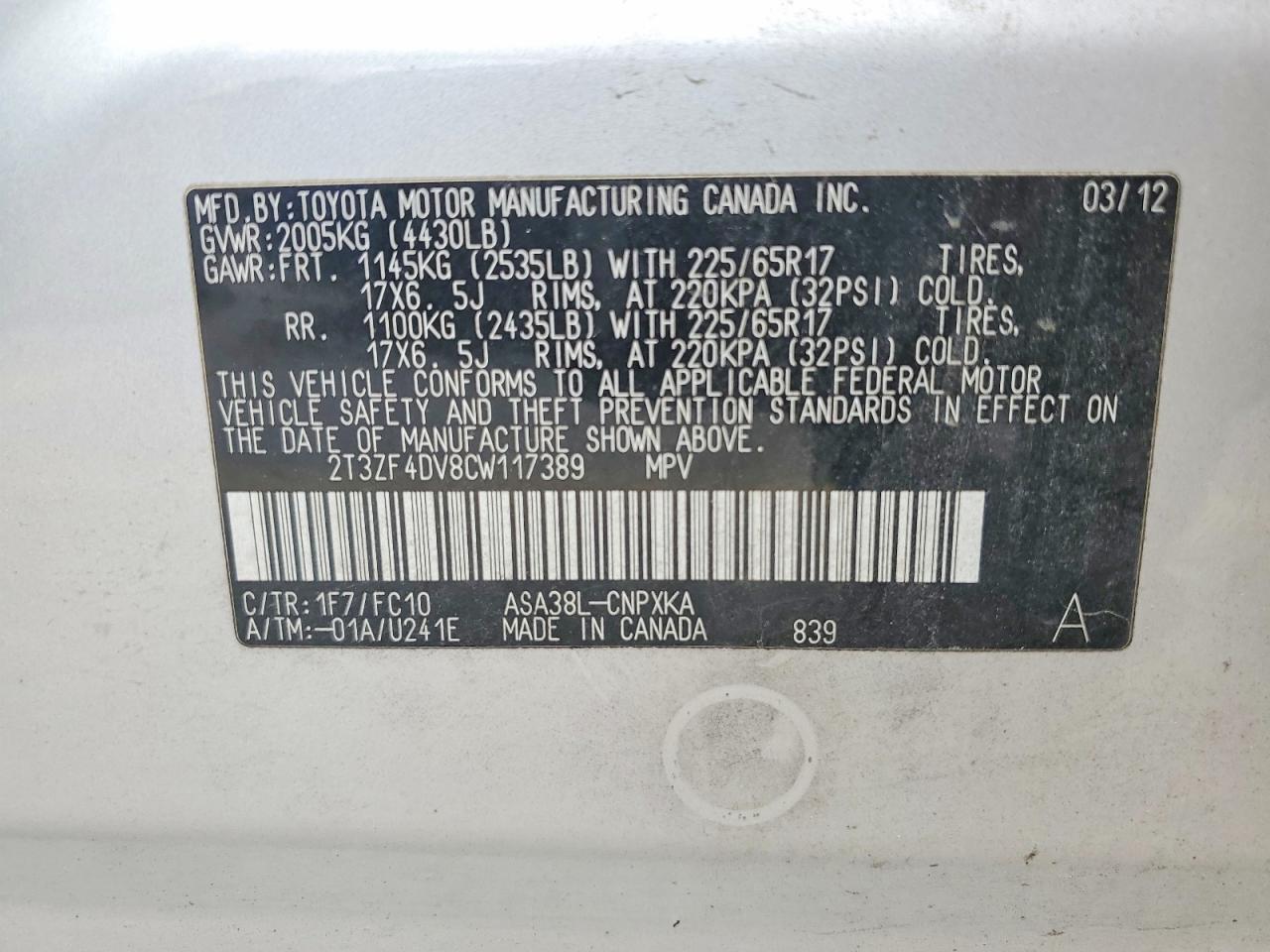 2012 Toyota Rav4 Base Silver vin: 2T3ZF4DV8CW117389