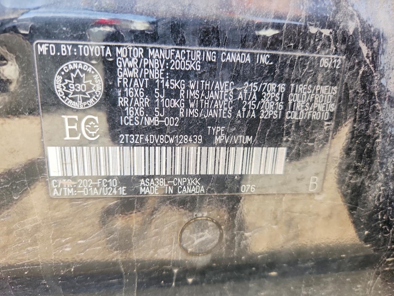2012 Toyota Rav4 Base Black vin: 2T3ZF4DV8CW128439