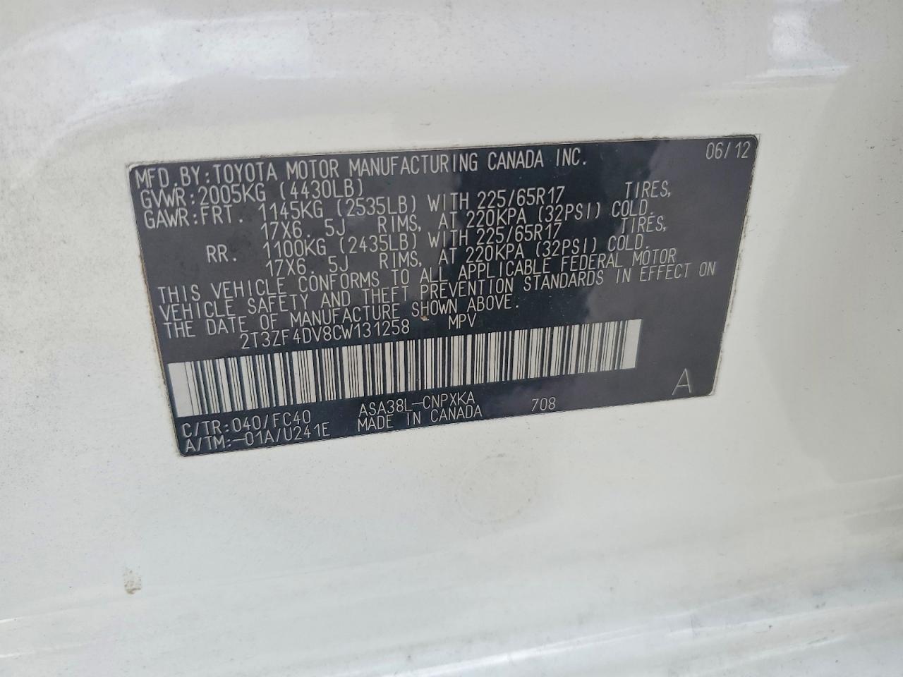 2012 Toyota Rav4 Base White vin: 2T3ZF4DV8CW131258