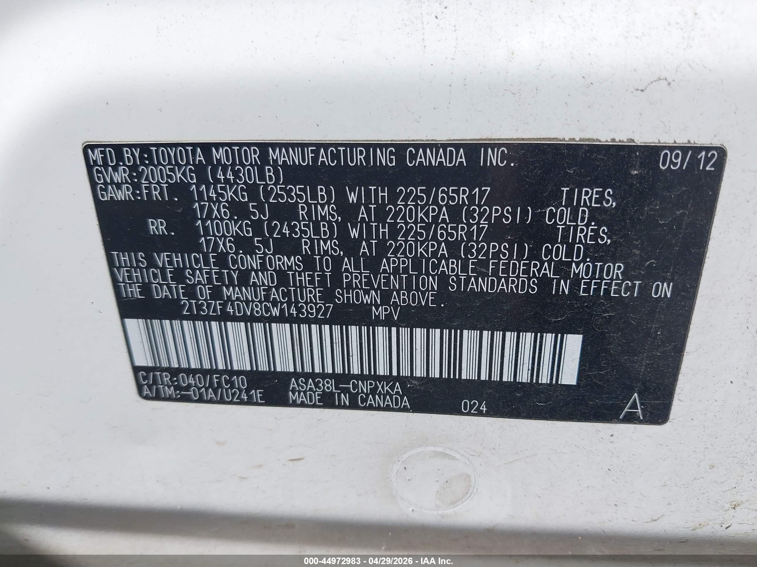 2012 Toyota Rav4   White vin: 2T3ZF4DV8CW143927