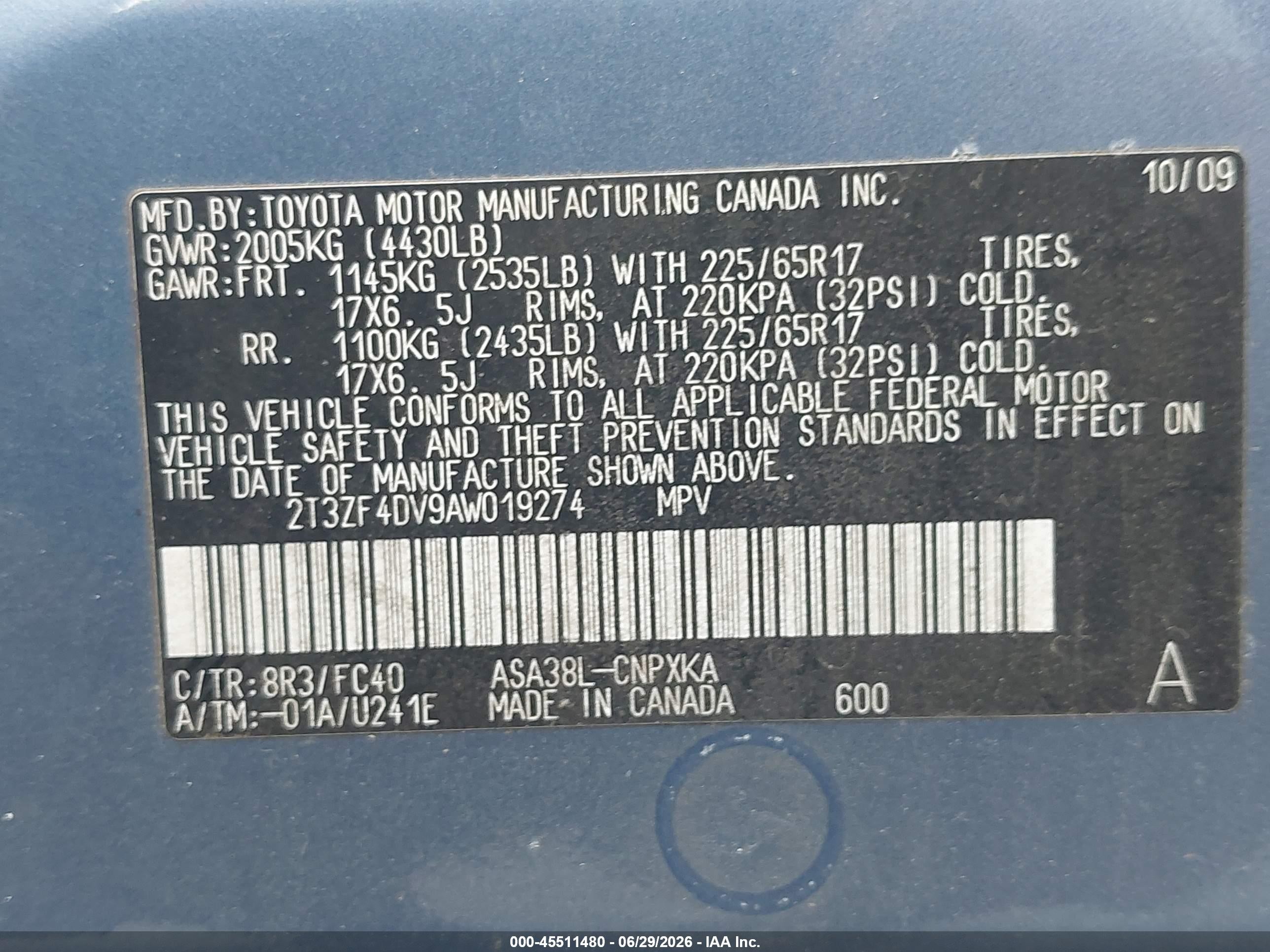 2010 Toyota Rav4   Light Blue vin: 2T3ZF4DV9AW019274