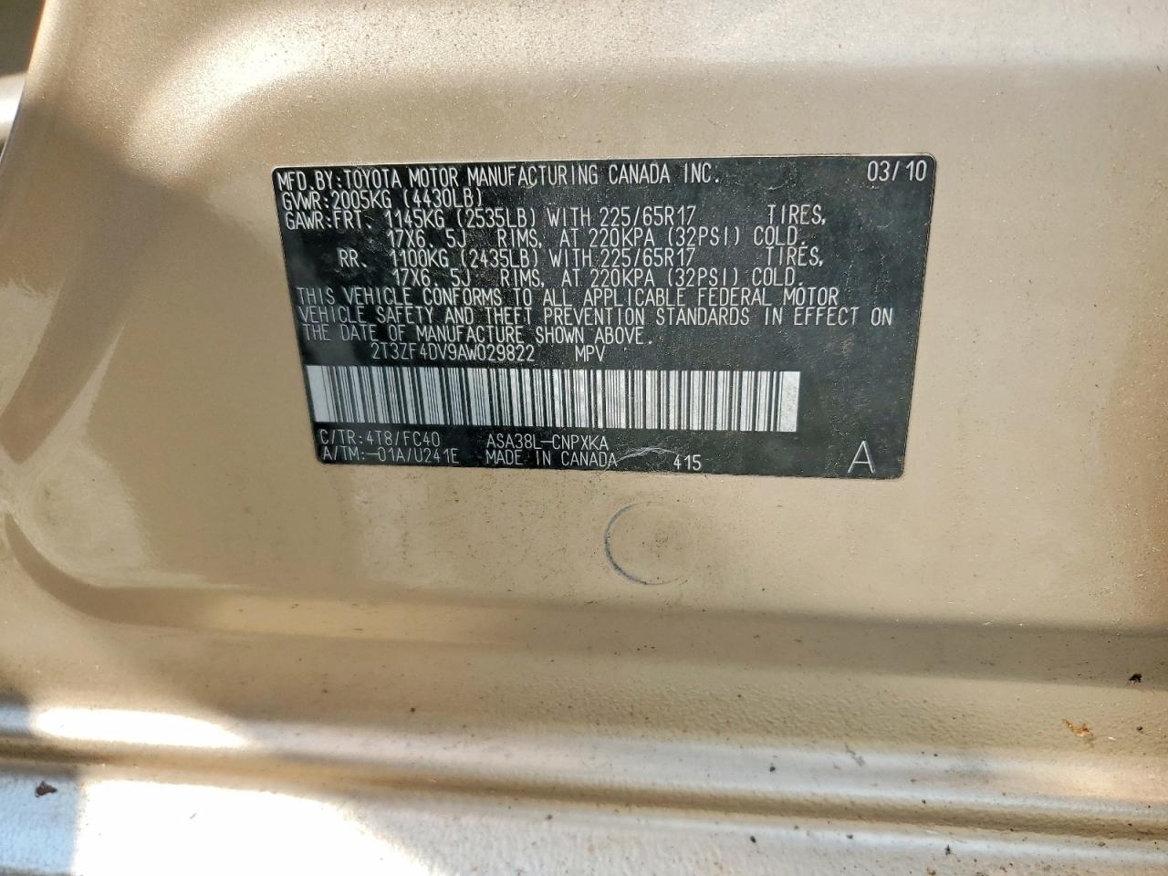 2010 Toyota Rav4 Base Gold vin: 2T3ZF4DV9AW029822