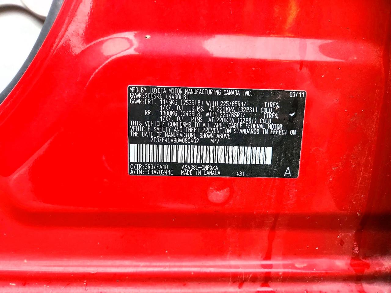 2011 Toyota Rav4 Base Red vin: 2T3ZF4DV9BW080402