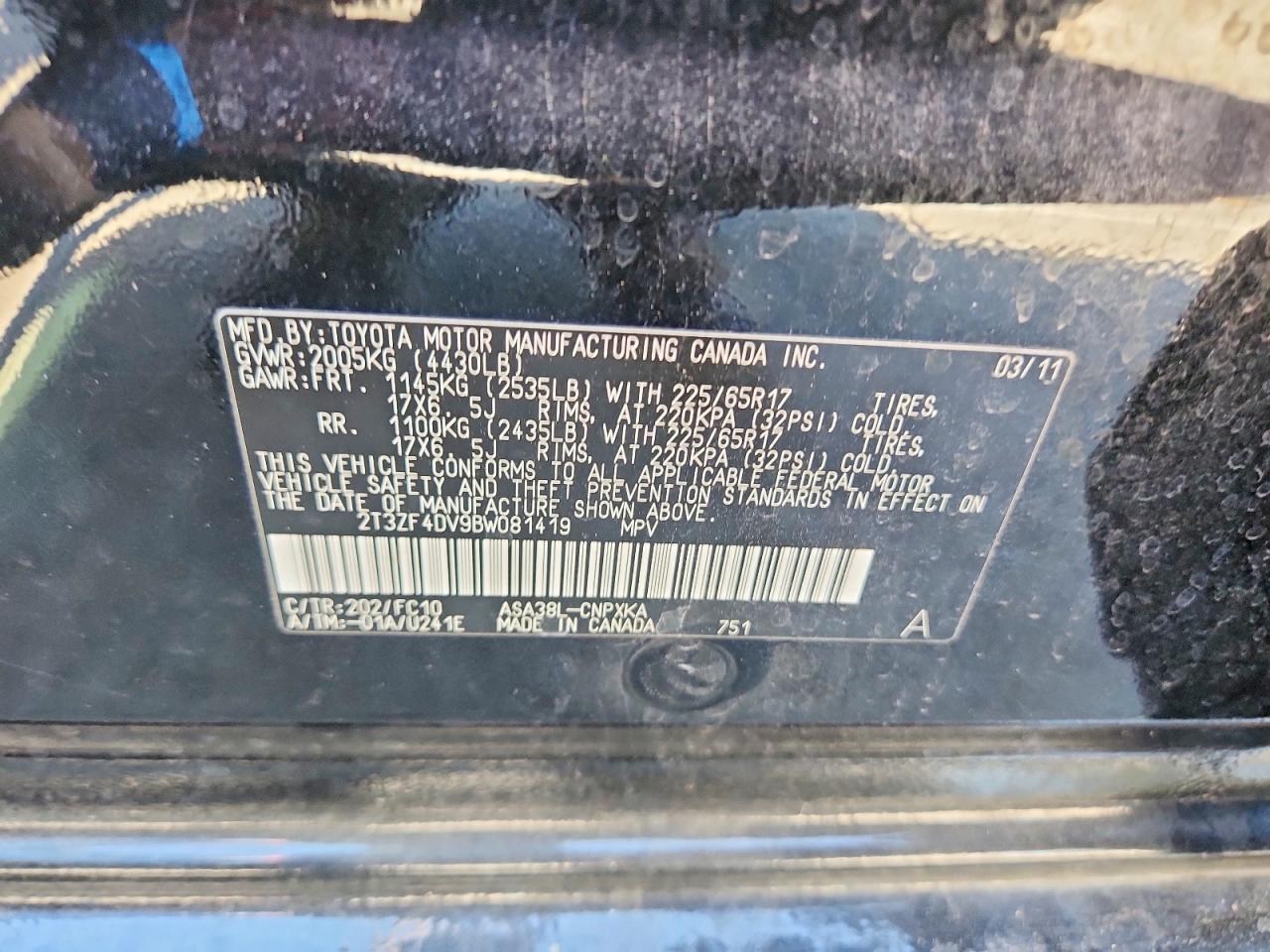 2011 Toyota Rav4 Base Black vin: 2T3ZF4DV9BW081419