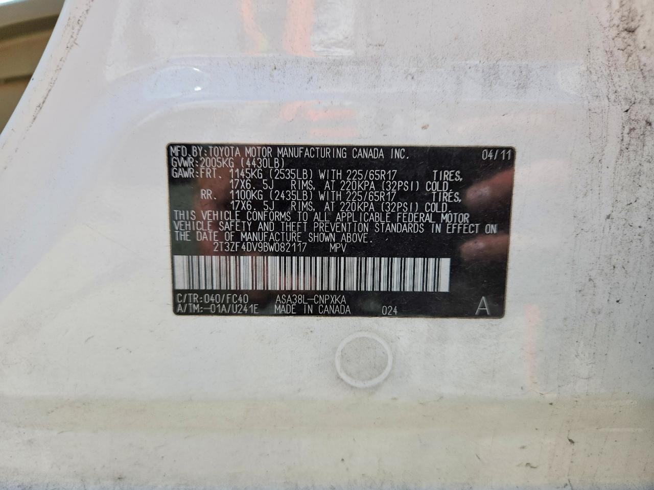 2011 Toyota Rav4 Base Белый vin: 2T3ZF4DV9BW082117