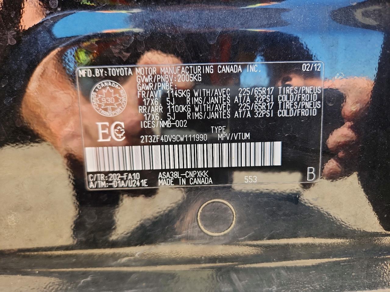 2012 Toyota Rav4 Base Black vin: 2T3ZF4DV9CW111990