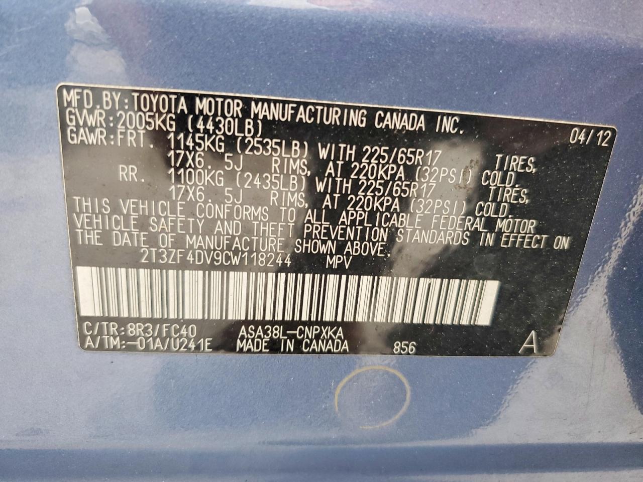 2012 Toyota Rav4 Base Blue vin: 2T3ZF4DV9CW118244