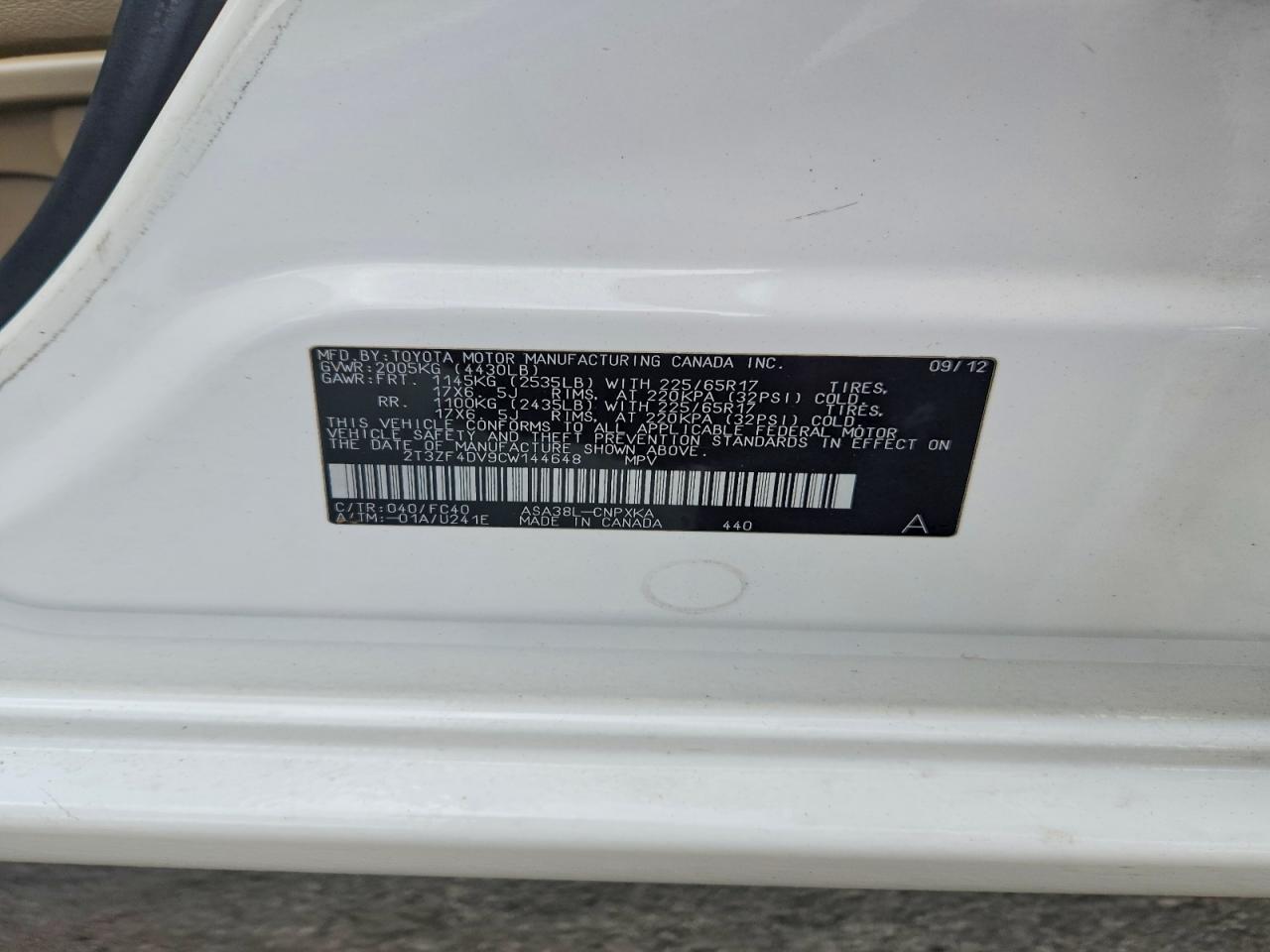 2012 Toyota Rav4 Base White vin: 2T3ZF4DV9CW144648