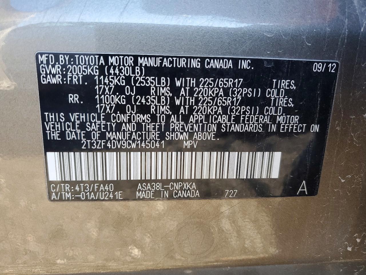2012 Toyota Rav4 Base Gray vin: 2T3ZF4DV9CW145041