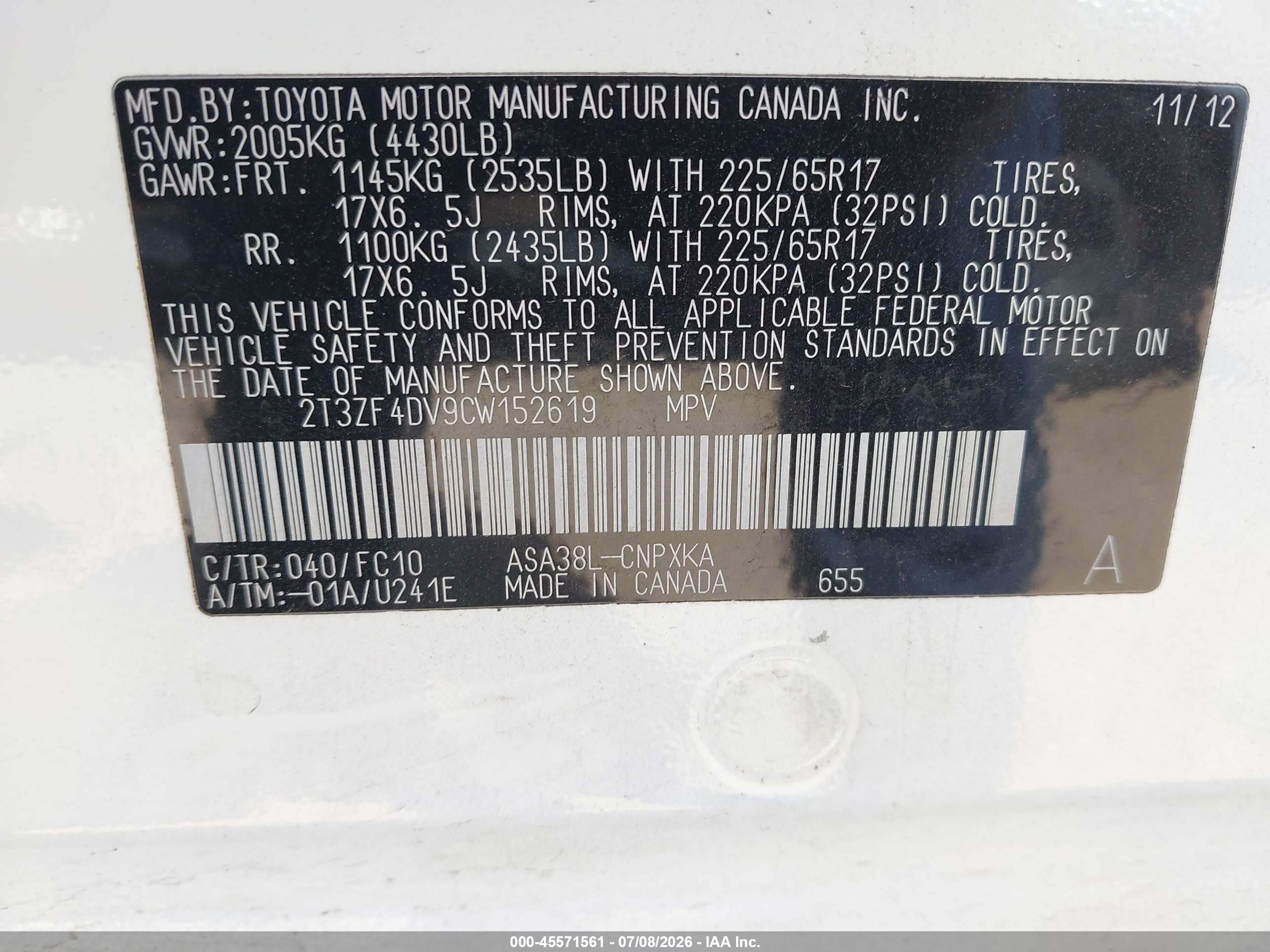 2012 Toyota Rav4   White vin: 2T3ZF4DV9CW152619