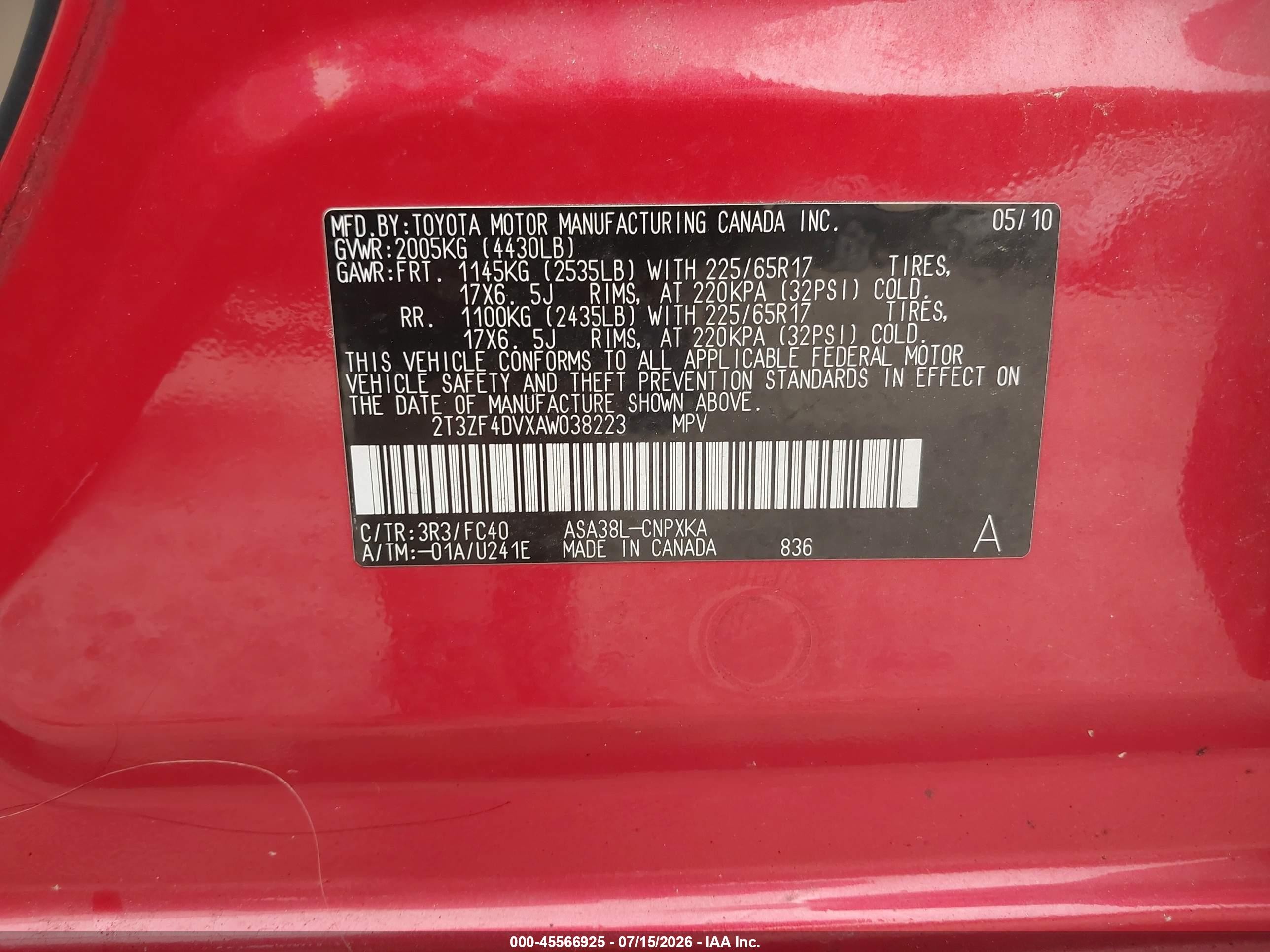 2010 Toyota Rav4   Red vin: 2T3ZF4DVXAW038223