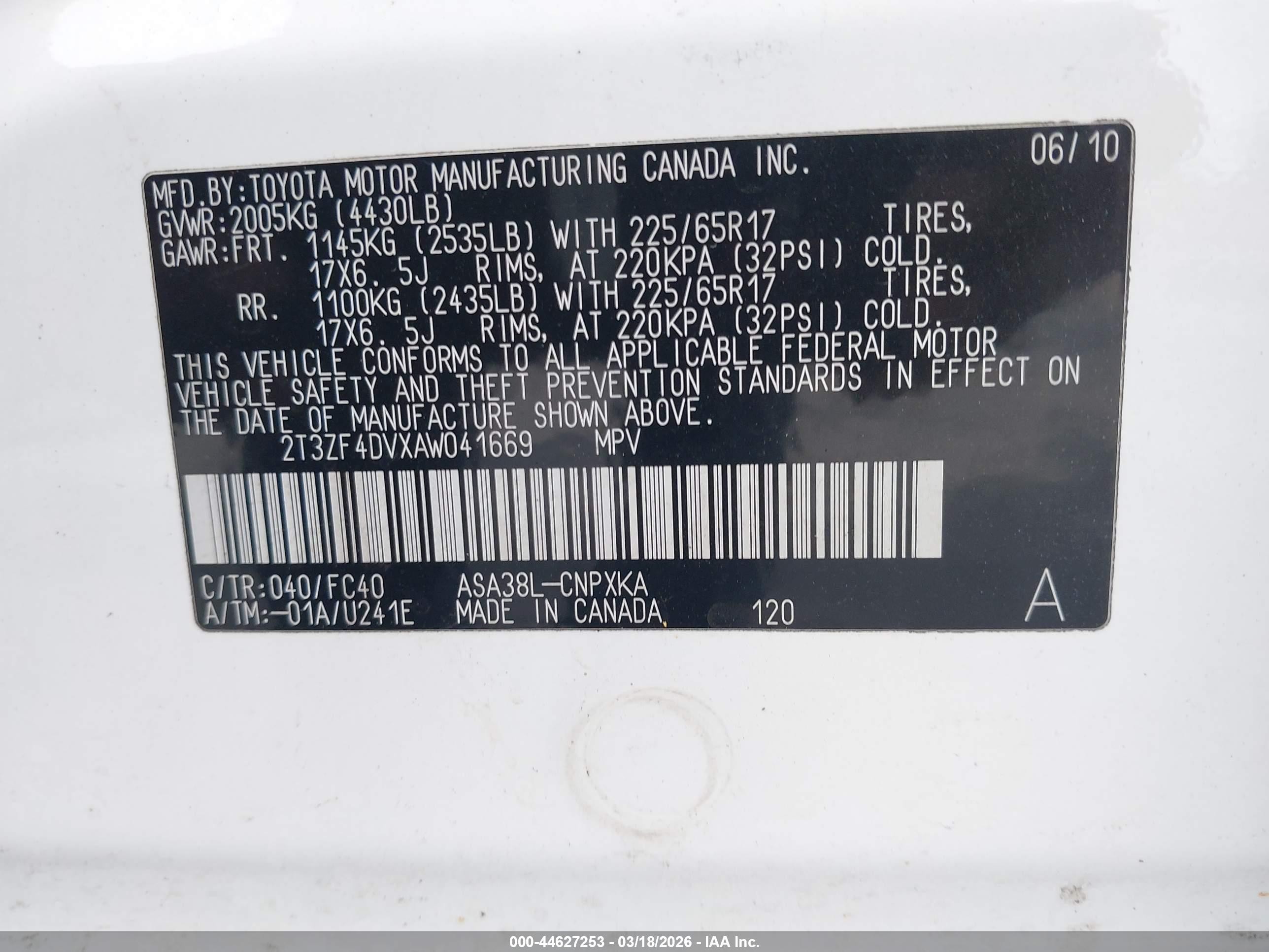 2010 Toyota Rav4   White vin: 2T3ZF4DVXAW041669