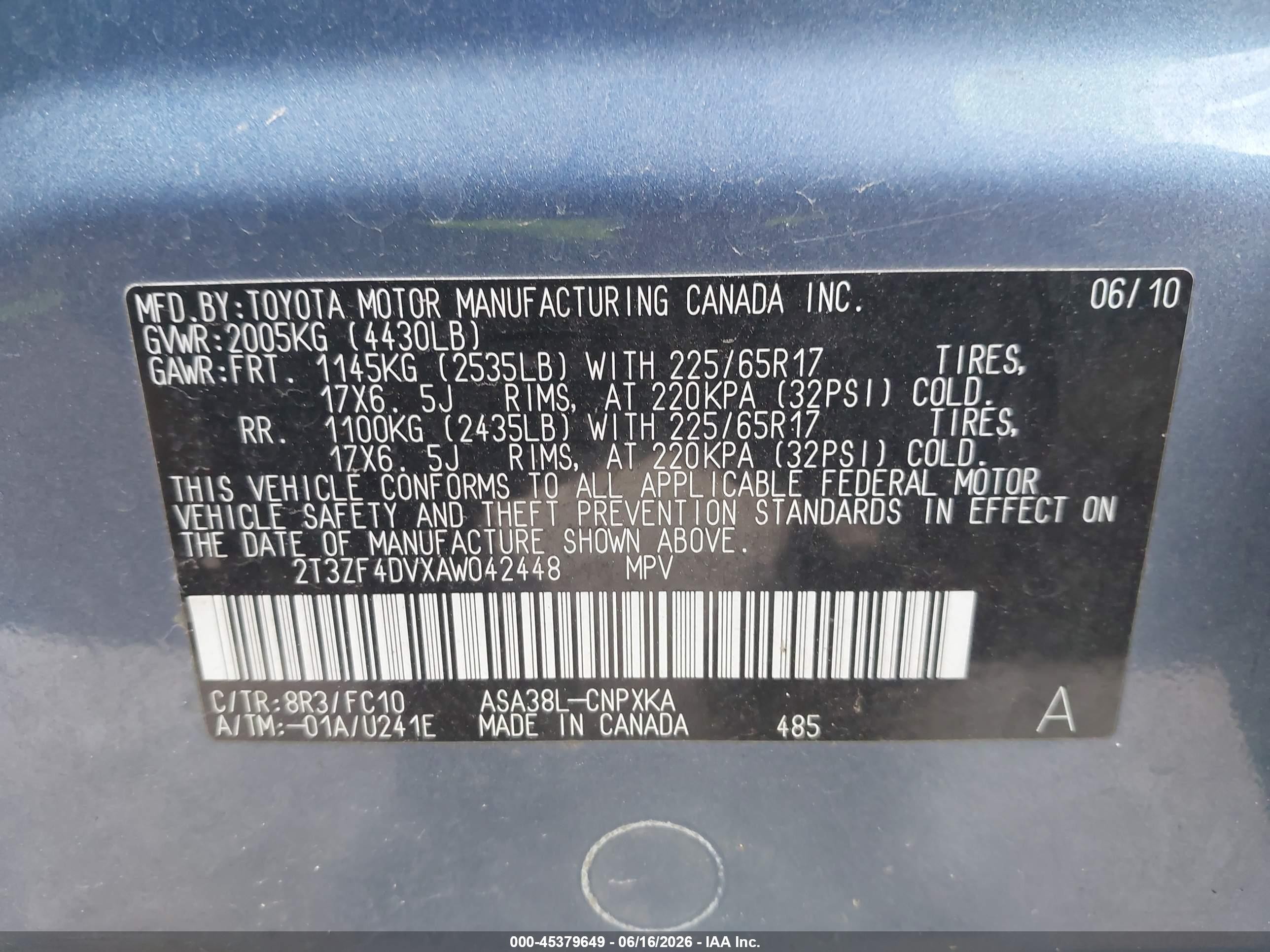2010 Toyota Rav4   Blue vin: 2T3ZF4DVXAW042448