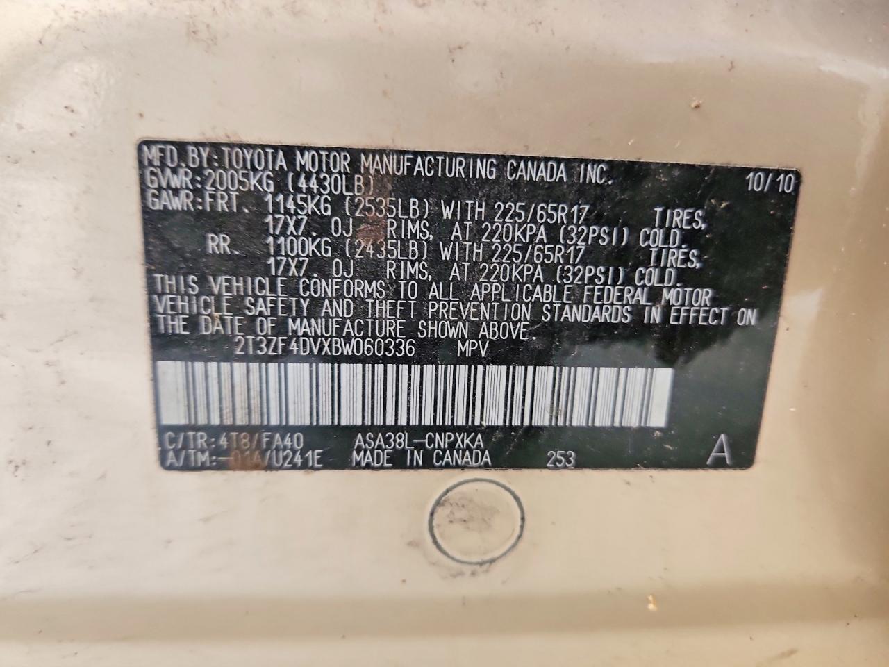 2011 Toyota Rav4 Base Gold vin: 2T3ZF4DVXBW060336