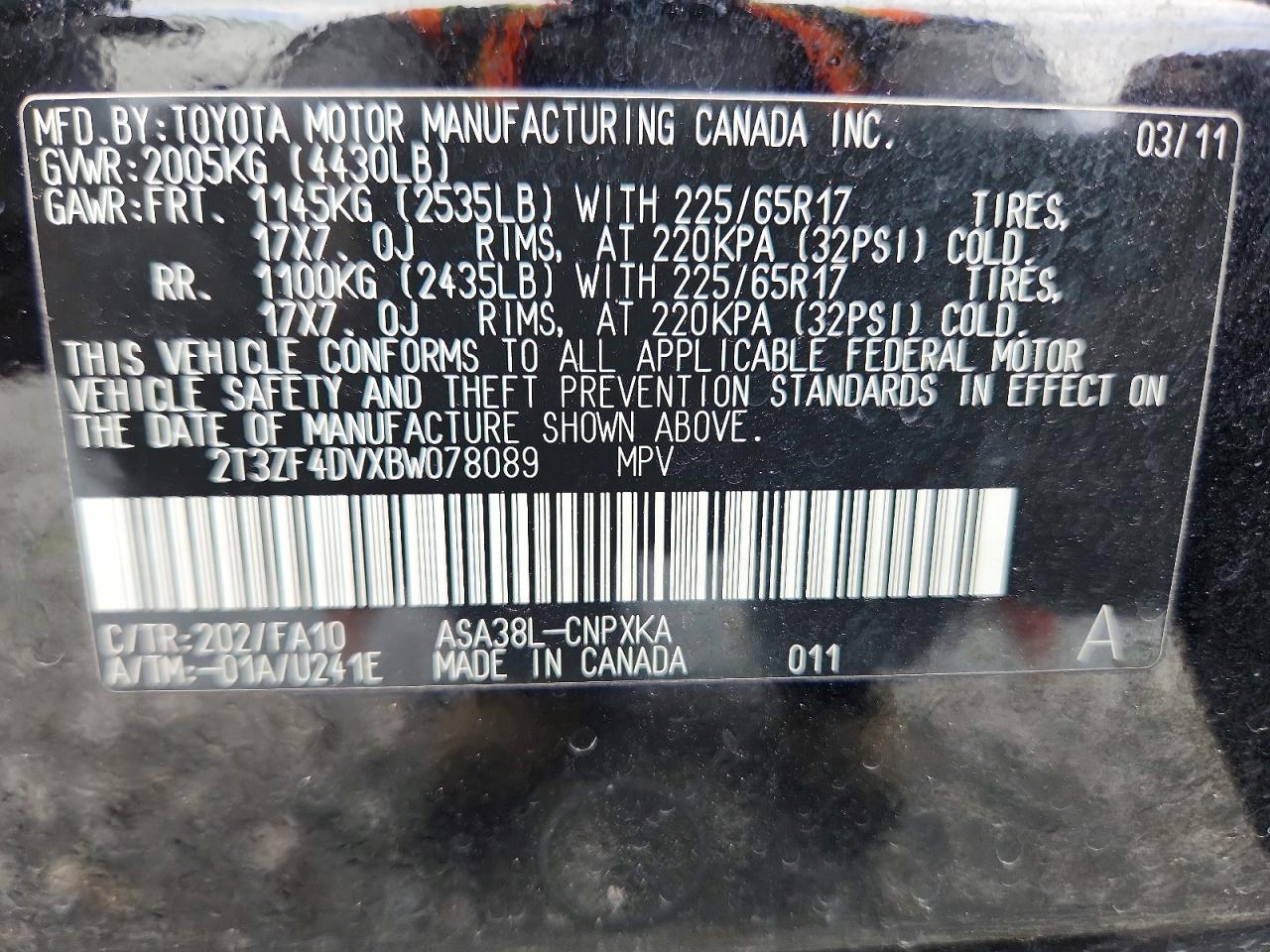 2011 Toyota Rav4 Base Black vin: 2T3ZF4DVXBW078089