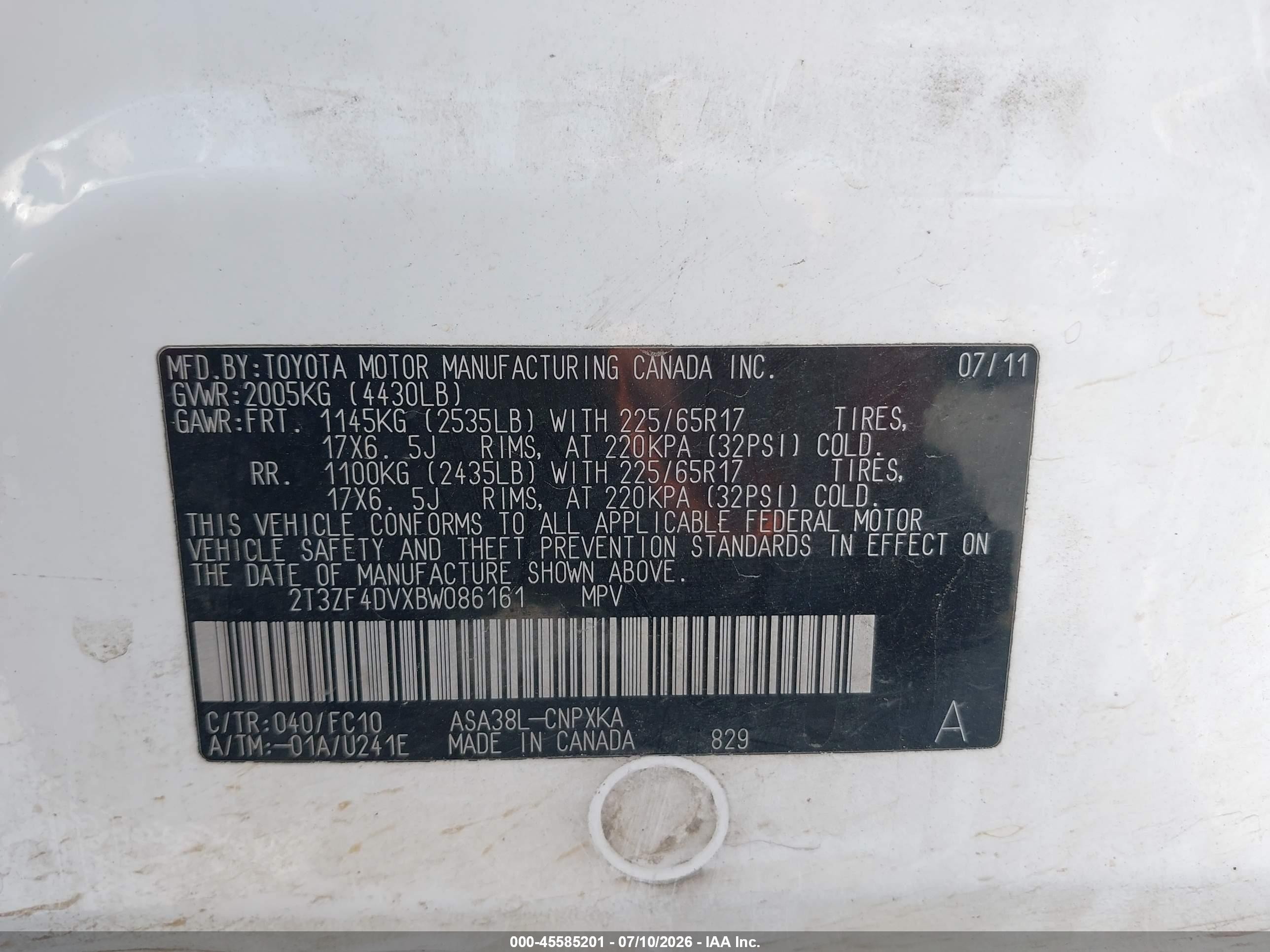 2011 Toyota Rav4   White vin: 2T3ZF4DVXBW086161