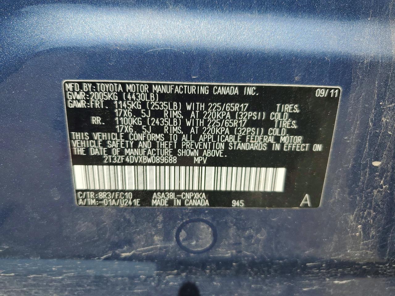 2011 Toyota Rav4 Base Blue vin: 2T3ZF4DVXBW089688