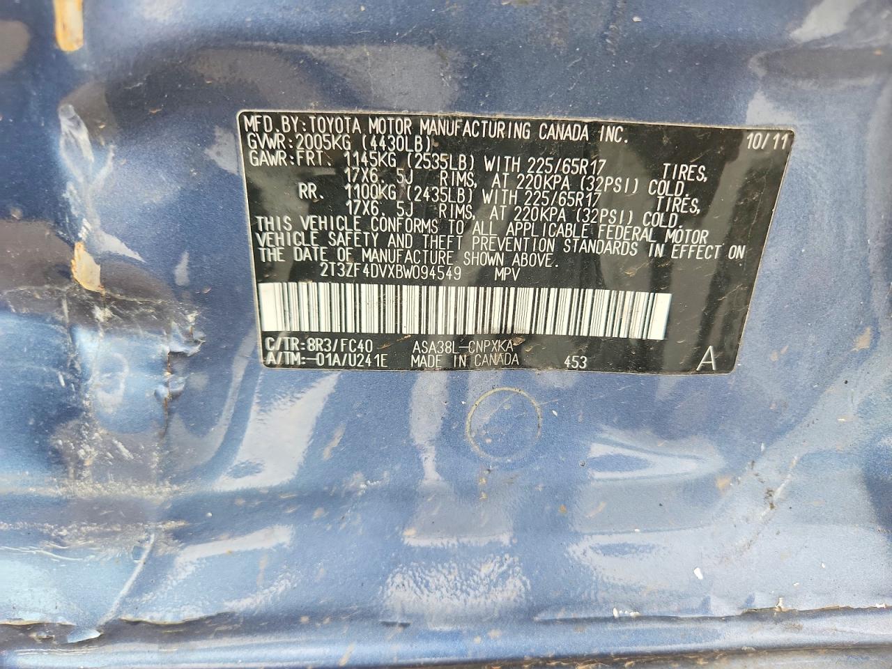 2011 Toyota Rav4 Base Blue vin: 2T3ZF4DVXBW094549