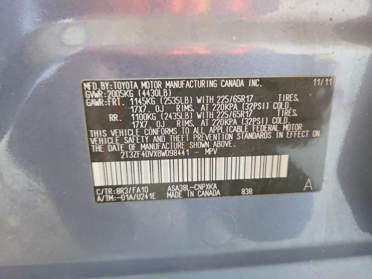 2011 Toyota Rav4 Base Blue vin: 2T3ZF4DVXBW098441