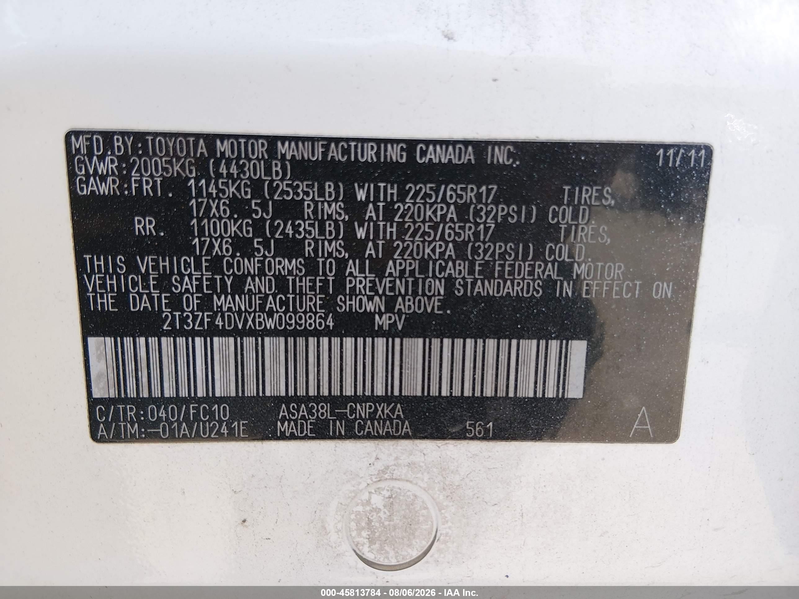 2011 Toyota Rav4   White vin: 2T3ZF4DVXBW099864
