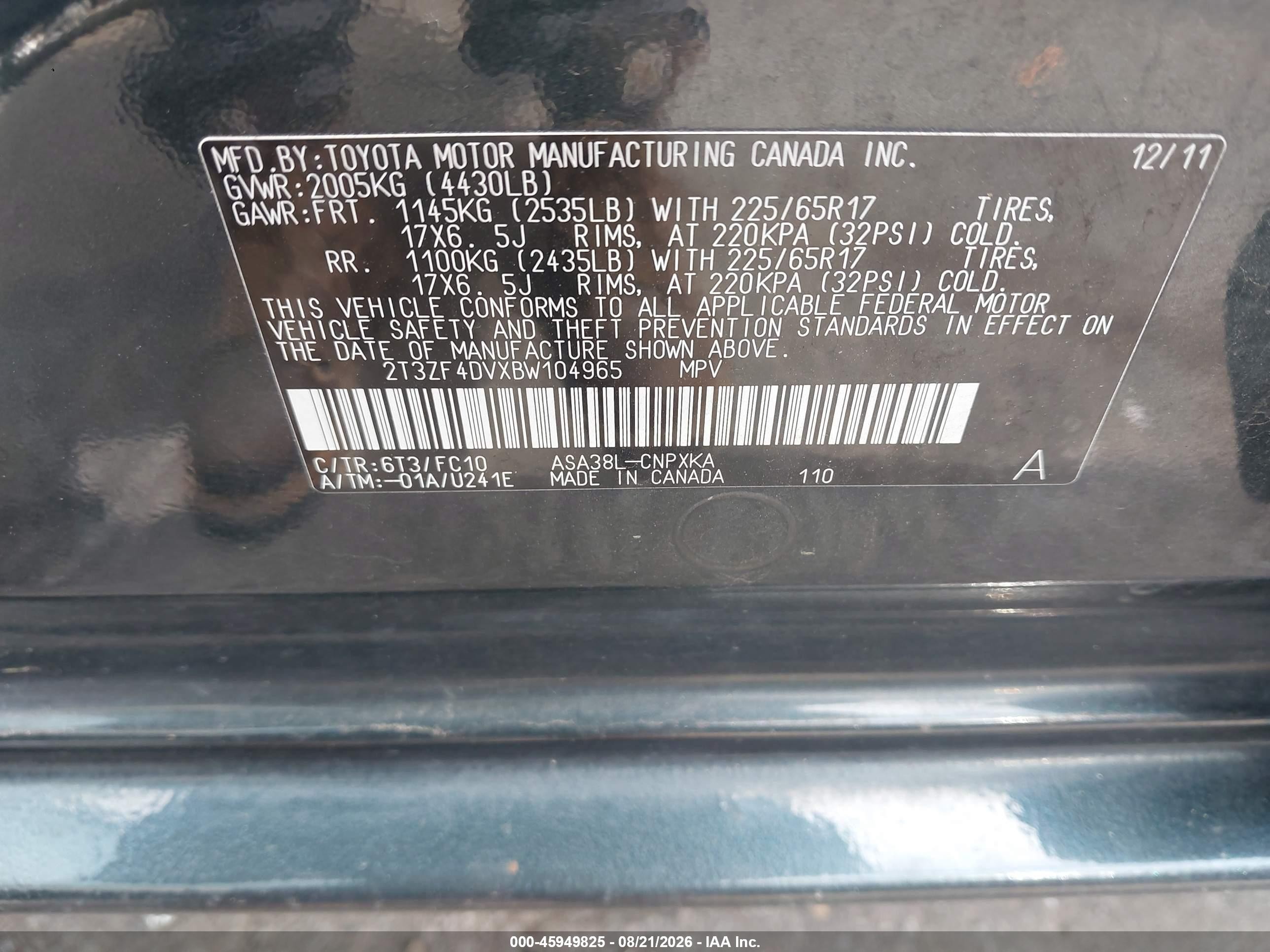 2011 Toyota Rav4   Blue vin: 2T3ZF4DVXBW104965
