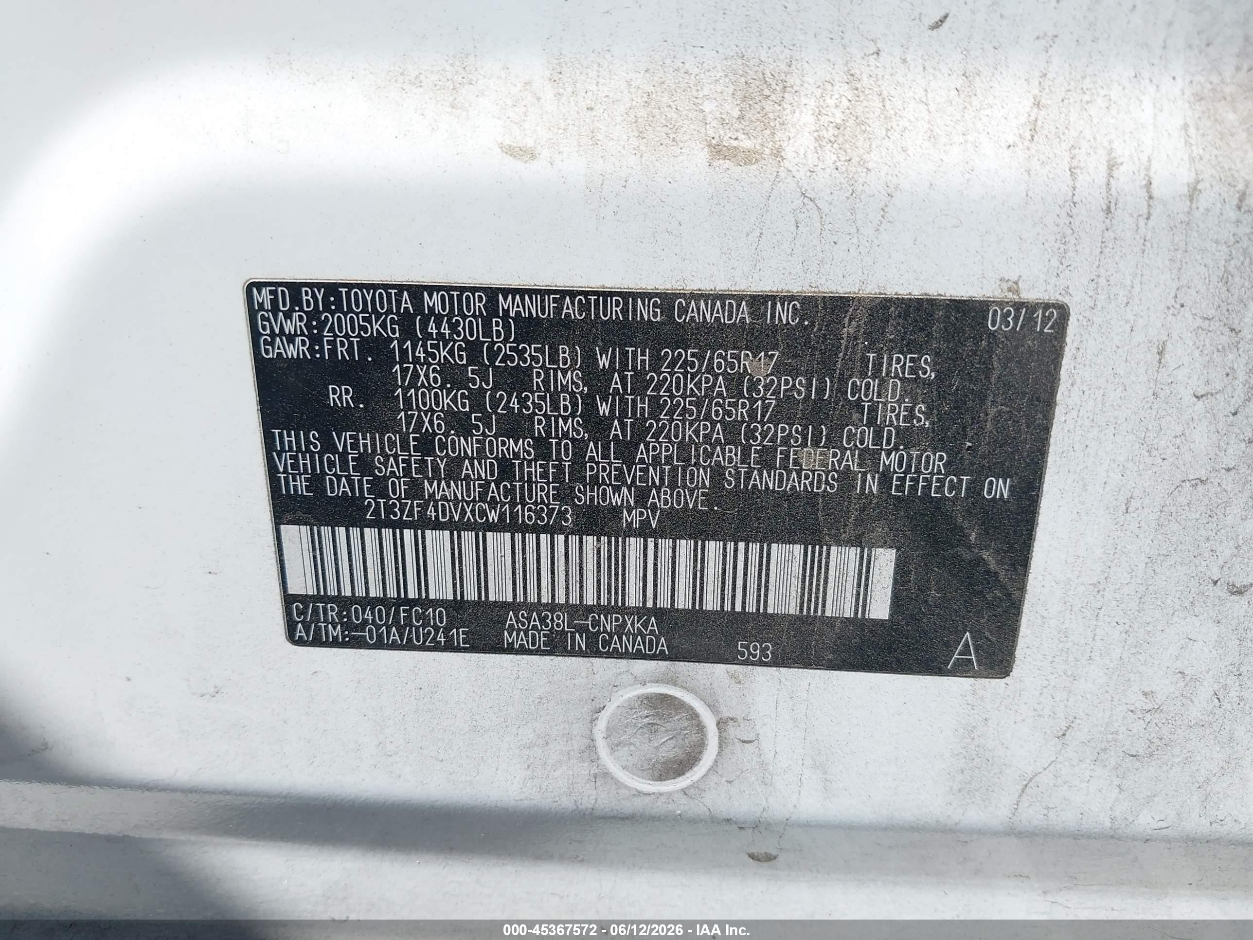 2012 Toyota Rav4   White vin: 2T3ZF4DVXCW116373