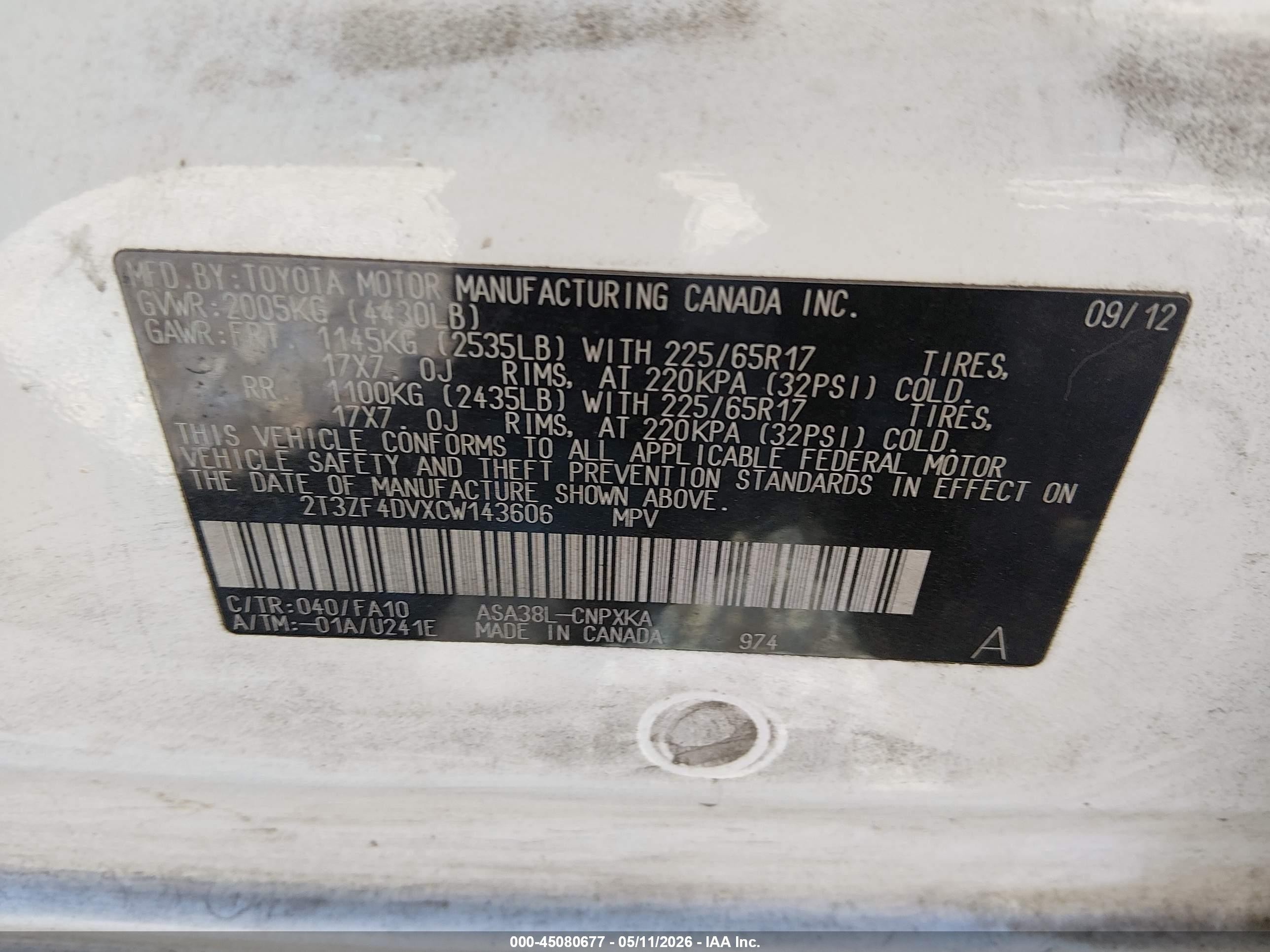 2012 Toyota Rav4   White vin: 2T3ZF4DVXCW143606