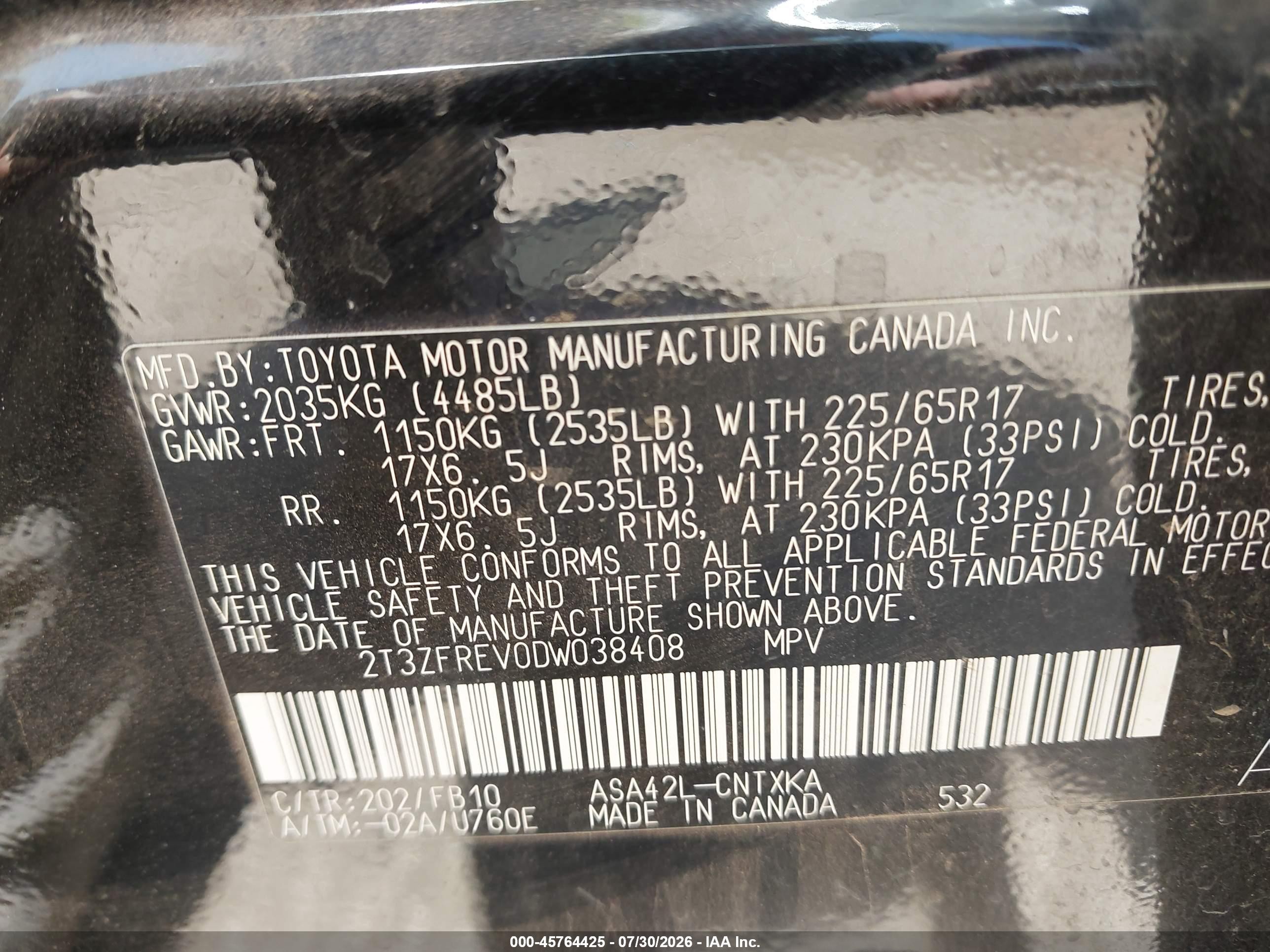 2013 Toyota Rav4 Le Blue vin: 2T3ZFREV0DW038408