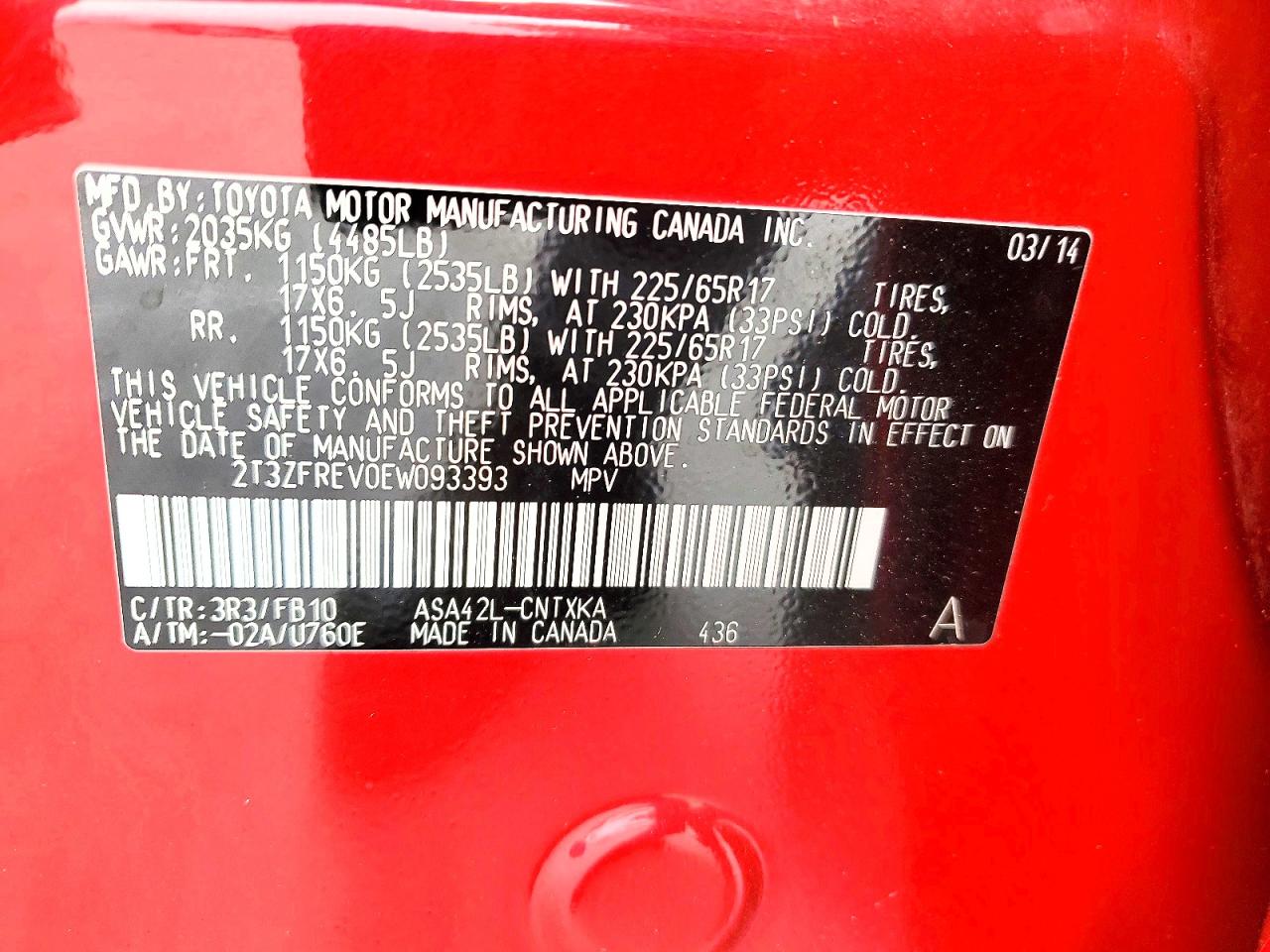 2014 Toyota Rav4 Le Red vin: 2T3ZFREV0EW093393