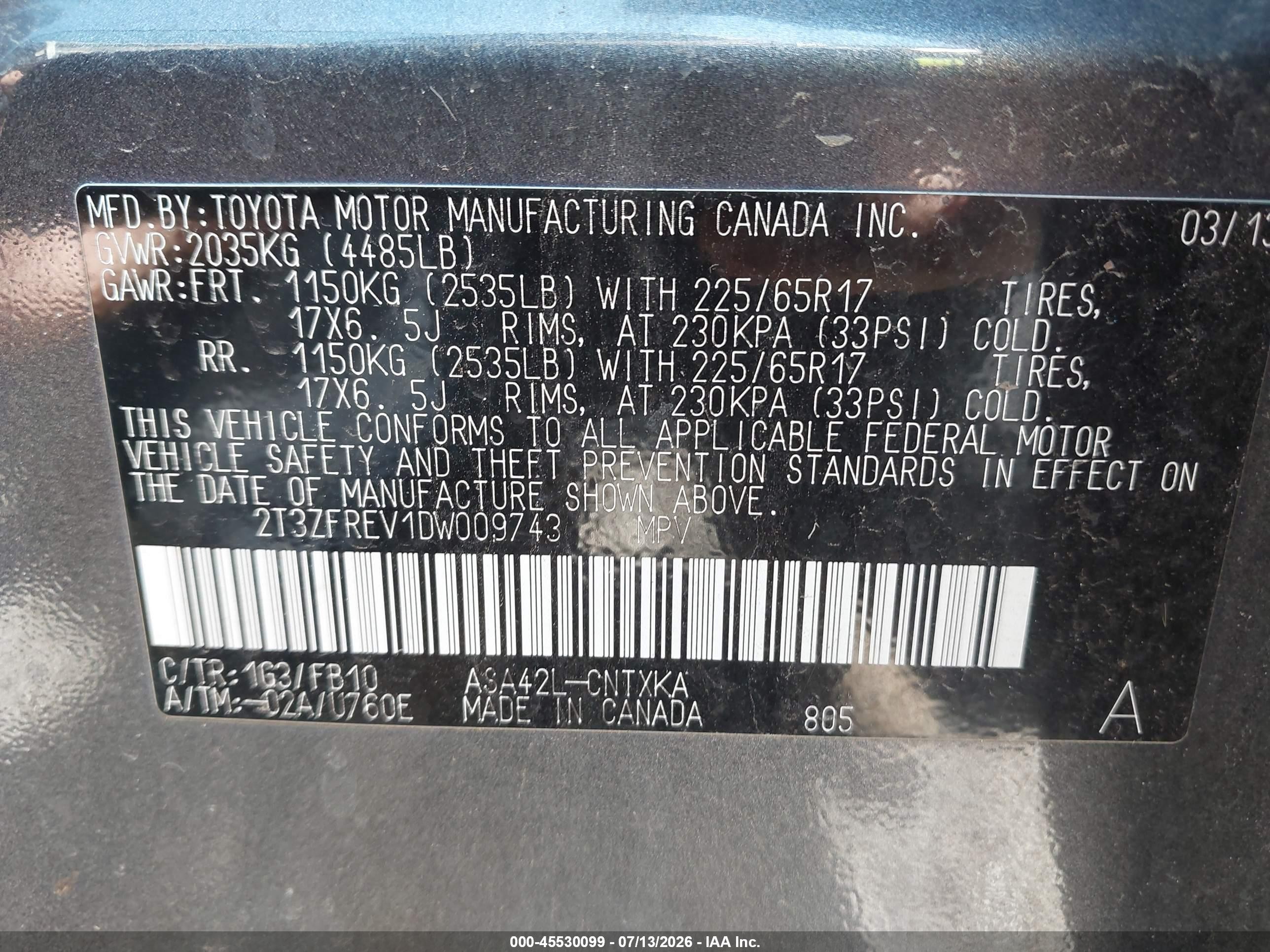 2013 Toyota Rav4 Le Blue vin: 2T3ZFREV1DW009743