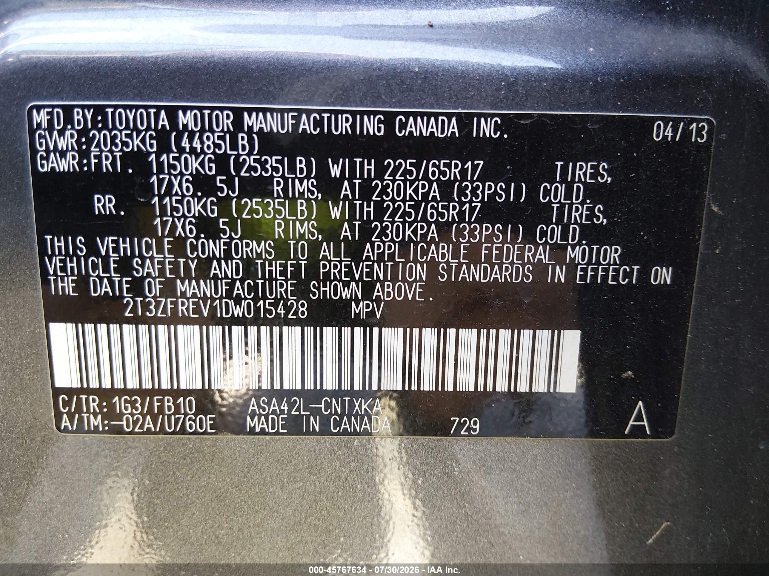 2013 Toyota Rav4 Le Gray vin: 2T3ZFREV1DW015428