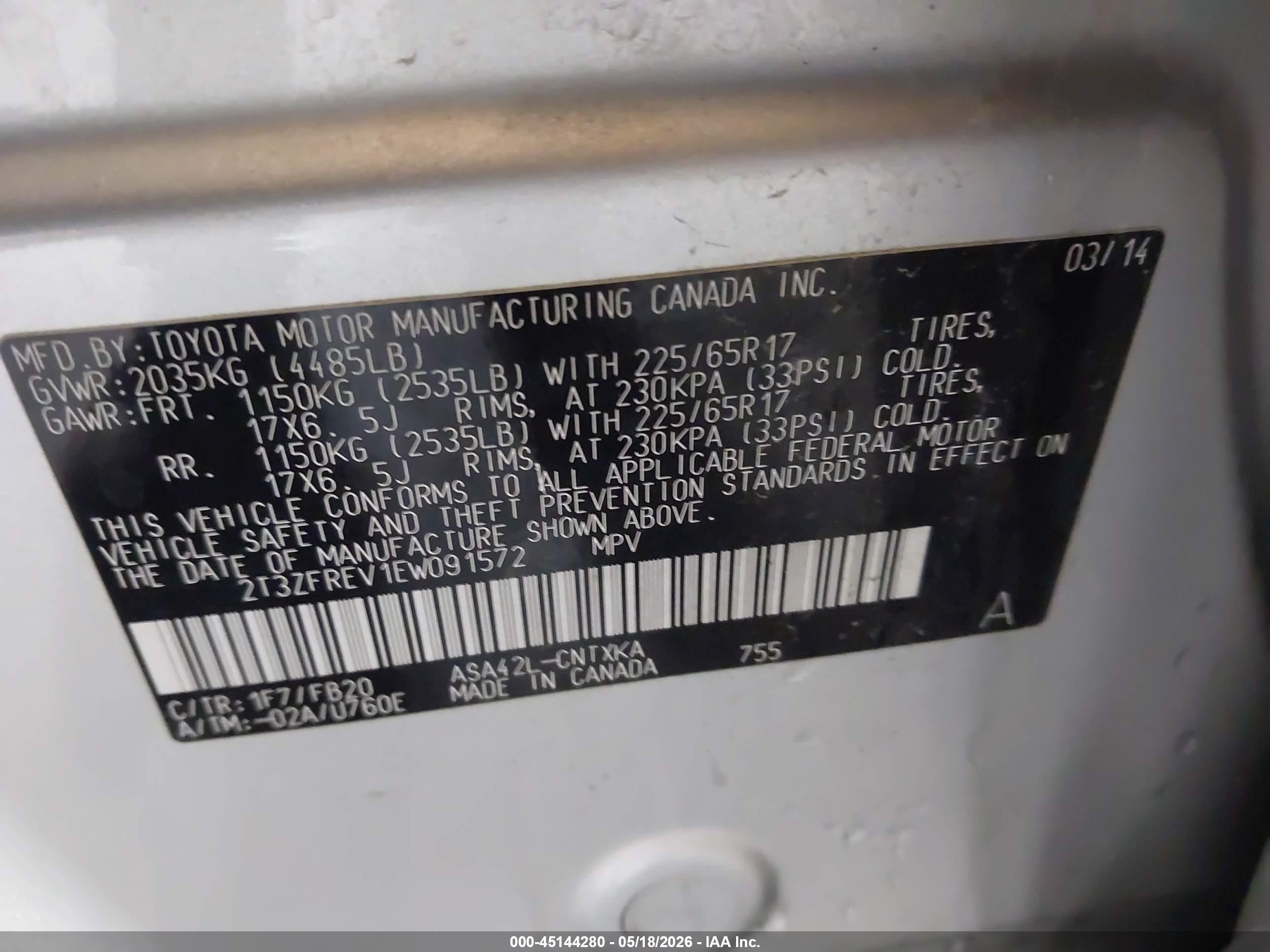 2014 Toyota Rav4 Le Silver vin: 2T3ZFREV1EW091572