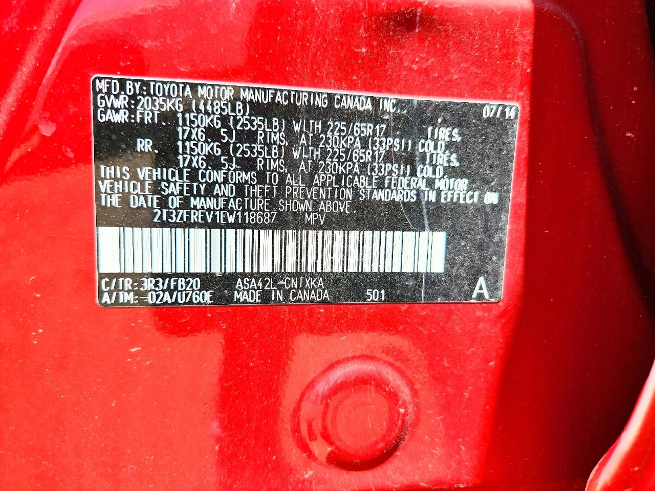 2014 Toyota Rav4 Le Red vin: 2T3ZFREV1EW118687