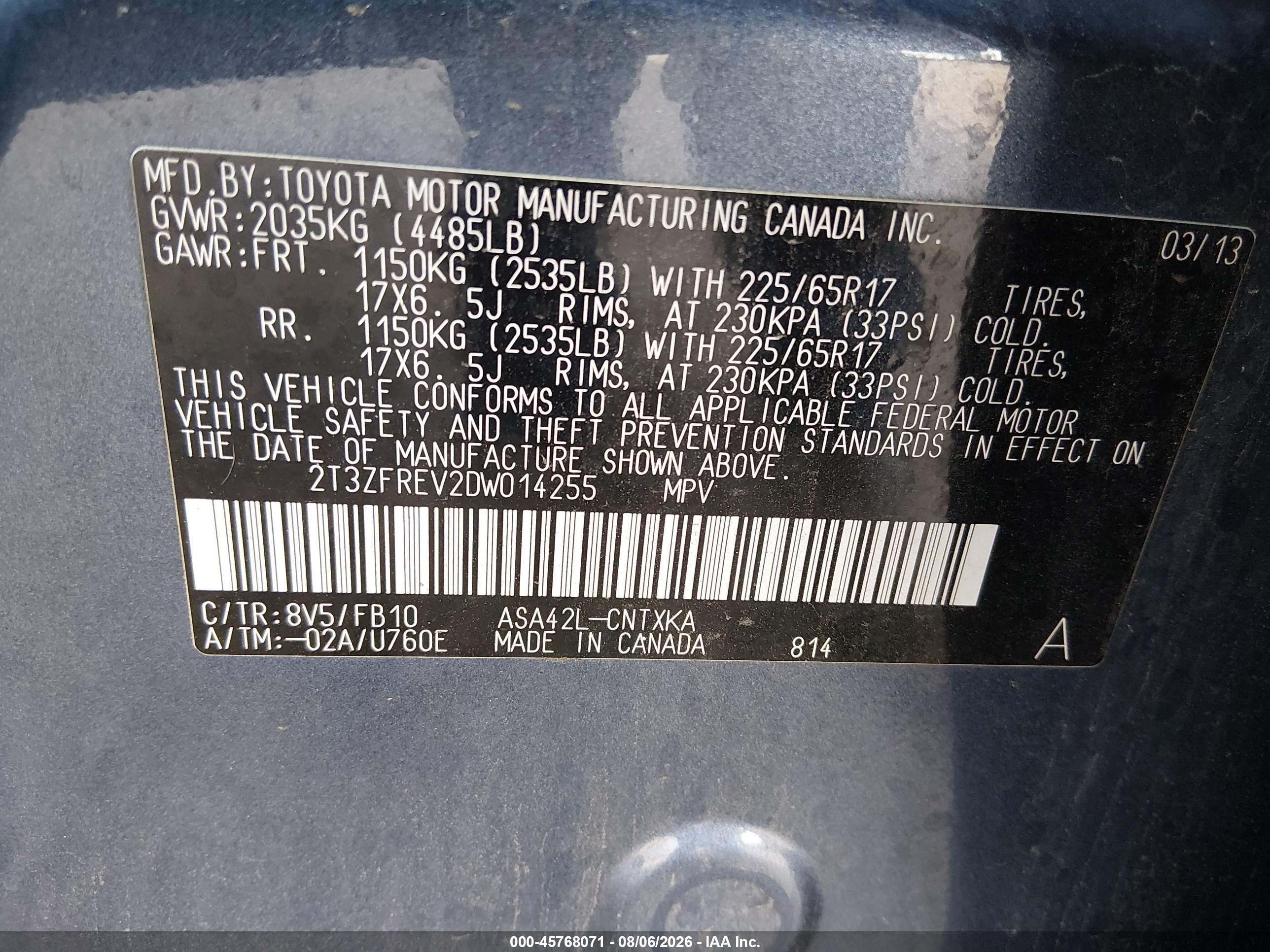 2013 Toyota Rav4 Le Blue vin: 2T3ZFREV2DW014255