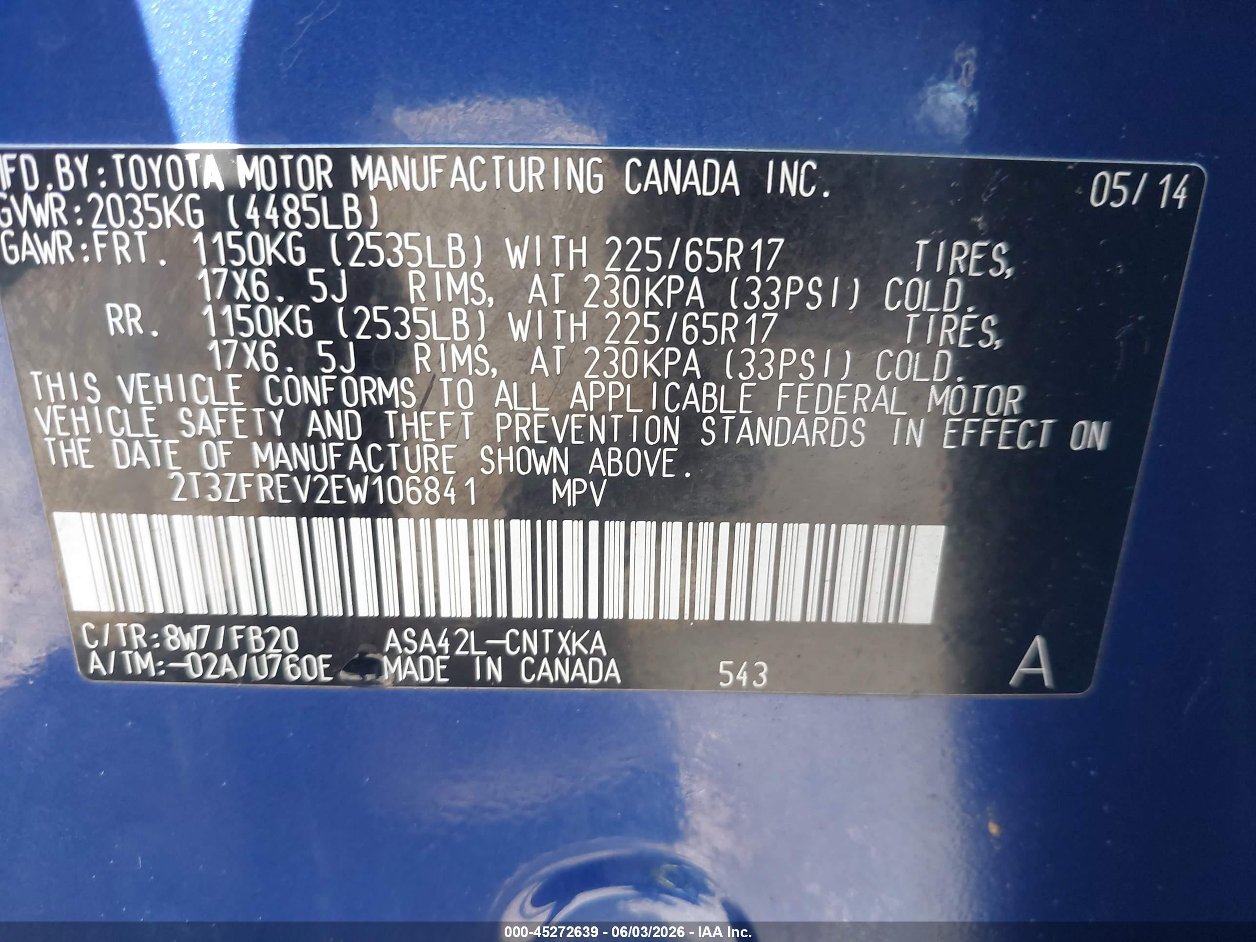 2014 Toyota Rav4 Le Blue vin: 2T3ZFREV2EW106841