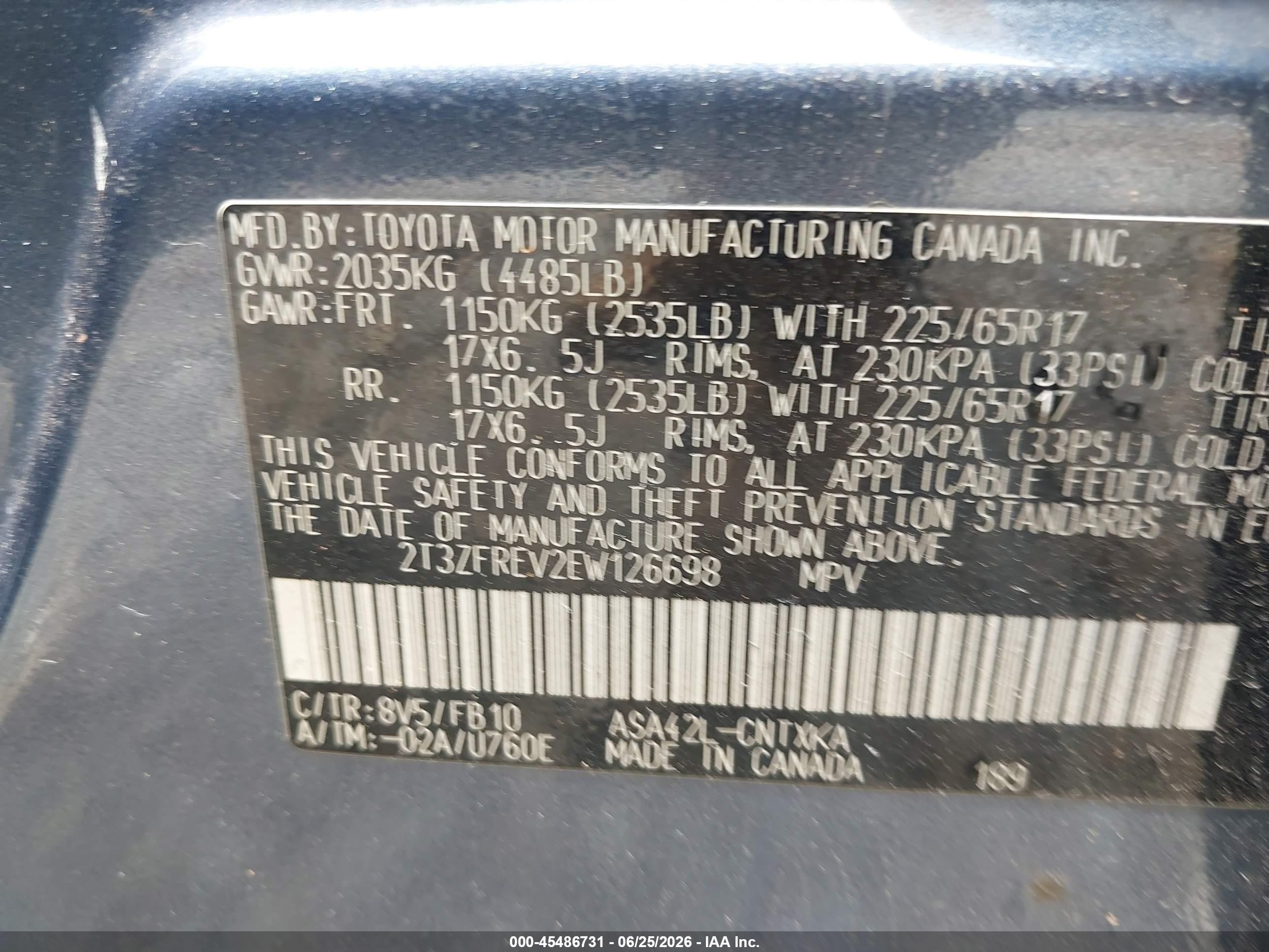 2014 Toyota Rav4 Le Blue vin: 2T3ZFREV2EW126698