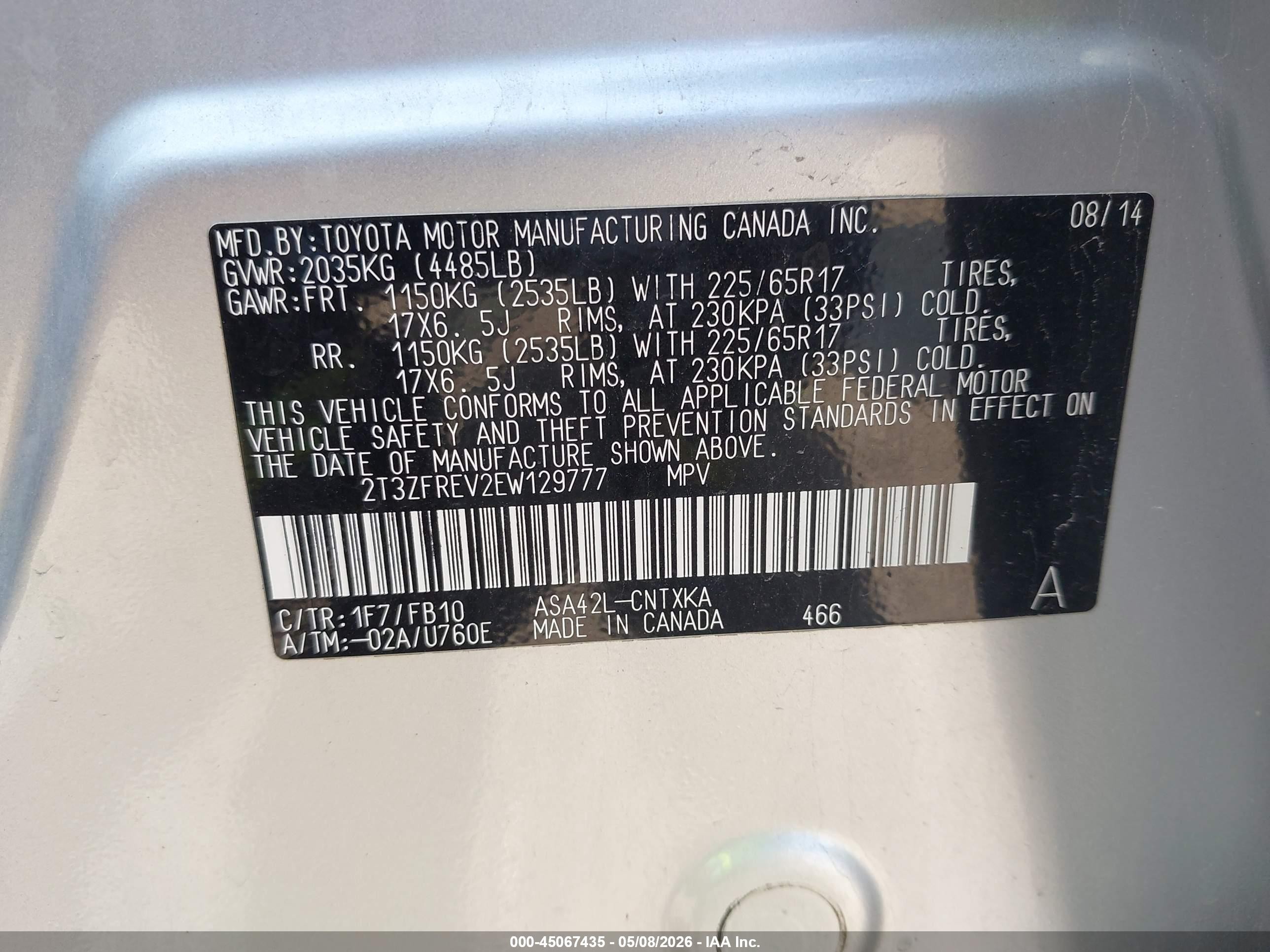 2014 Toyota Rav4 Le Silver vin: 2T3ZFREV2EW129777