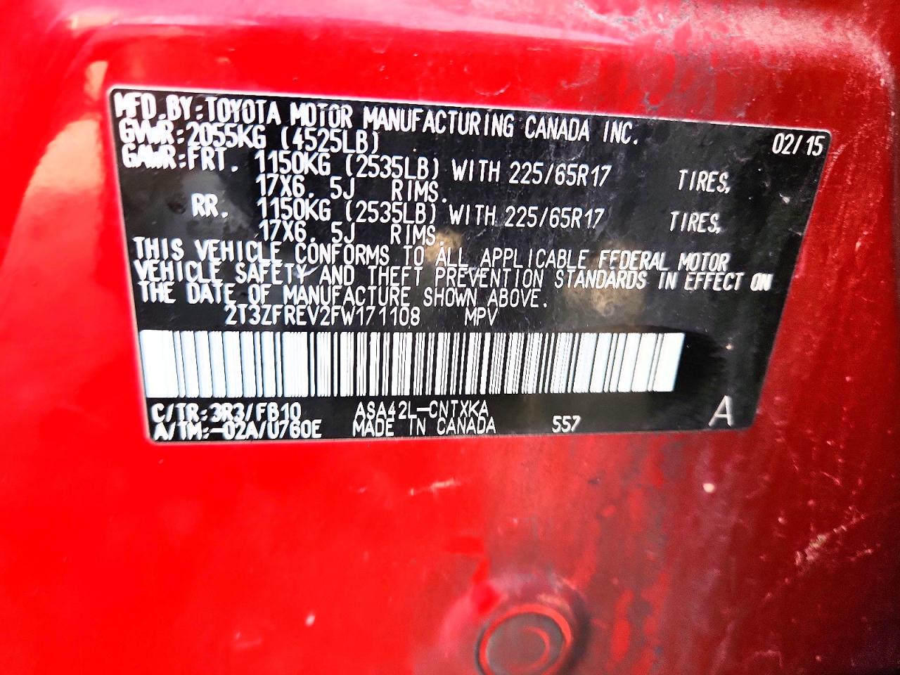 2015 Toyota Rav4 Le Red vin: 2T3ZFREV2FW171108