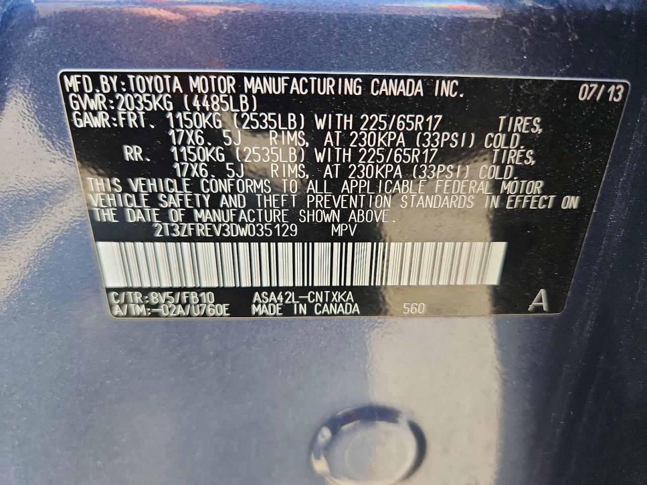 2013 Toyota Rav4 Le Blue vin: 2T3ZFREV3DW035129