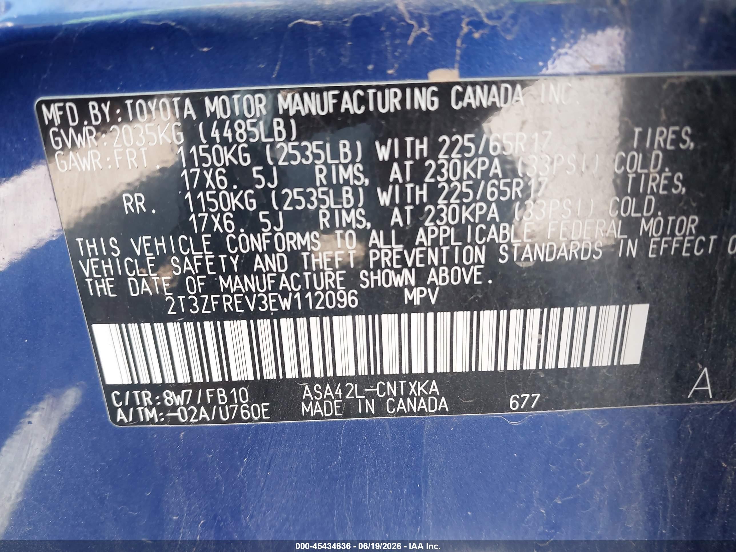 2014 Toyota Rav4 Le Blue vin: 2T3ZFREV3EW112096