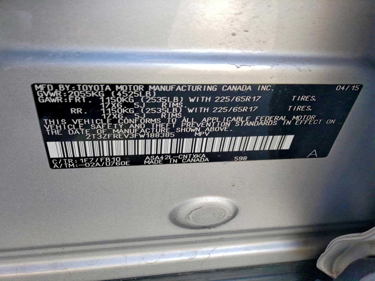 2015 Toyota Rav4 Le Silver vin: 2T3ZFREV3FW188385