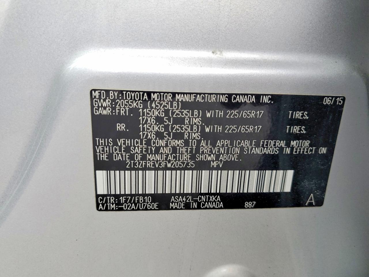 2015 Toyota Rav4 Le Silver vin: 2T3ZFREV3FW205735