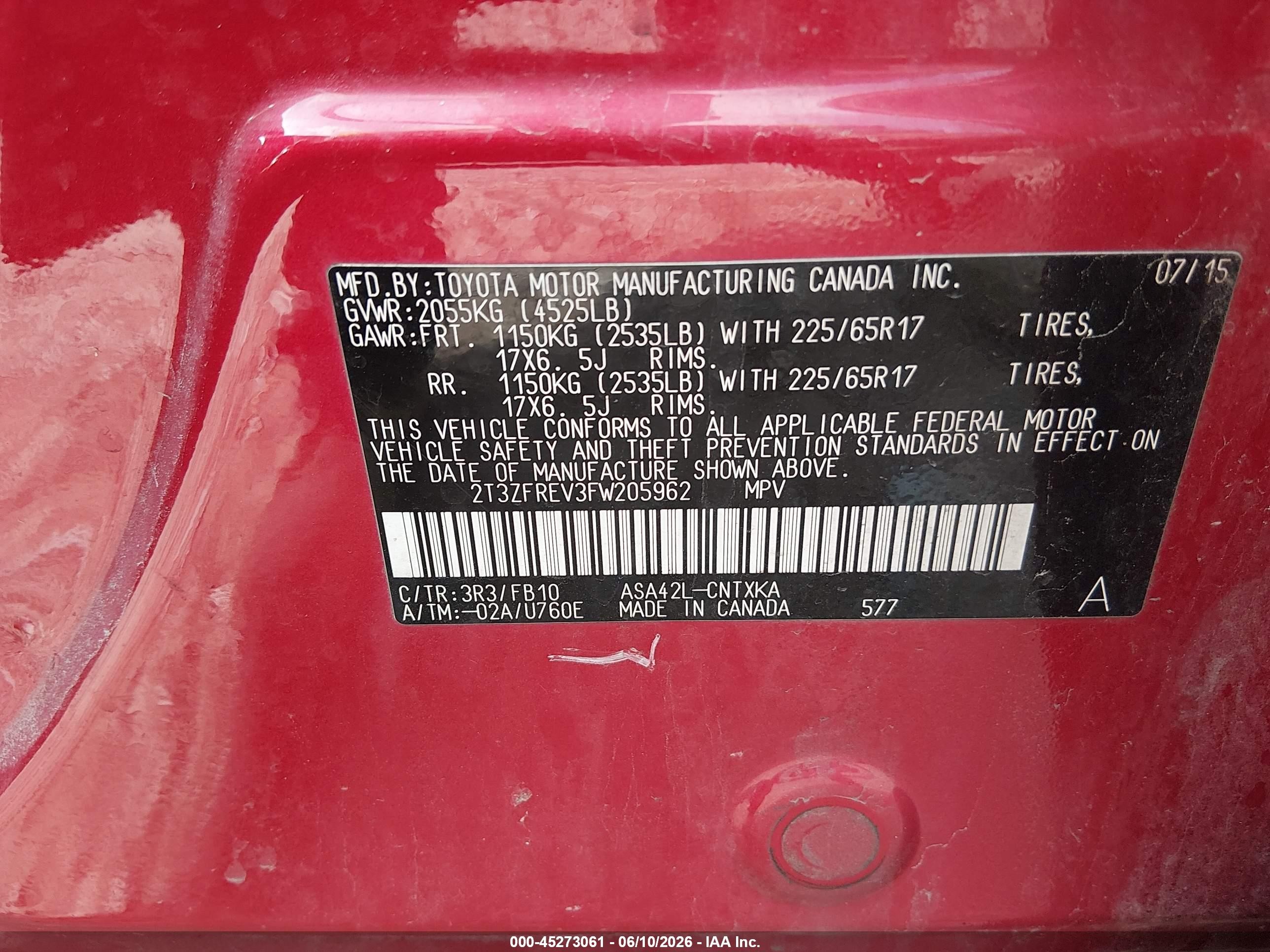 2015 Toyota Rav4 Le Red vin: 2T3ZFREV3FW205962