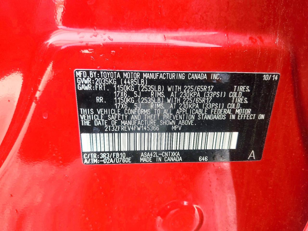 2015 Toyota Rav4 Le Red vin: 2T3ZFREV4FW145366