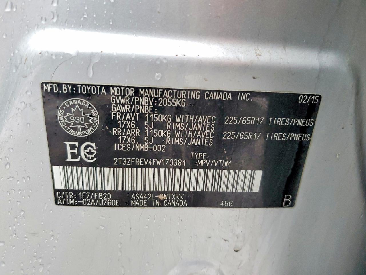 2015 Toyota Rav4 Le Silver vin: 2T3ZFREV4FW170381
