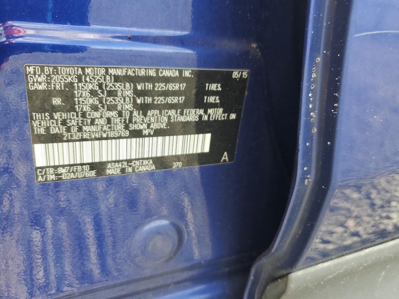 2015 Toyota Rav4 Le Blue vin: 2T3ZFREV4FW189769