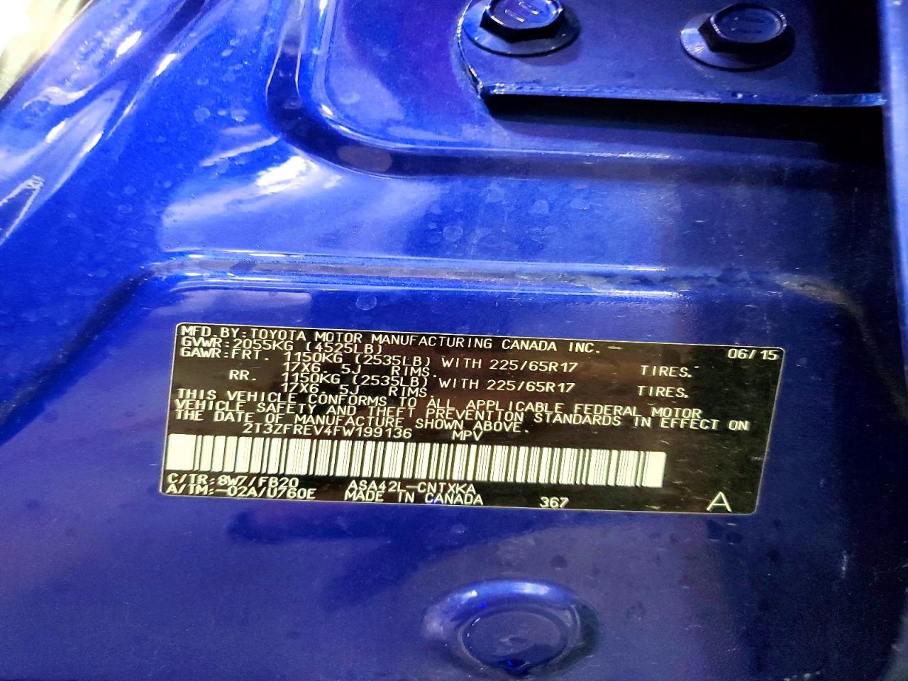 2015 Toyota Rav4 Le Blue vin: 2T3ZFREV4FW199136