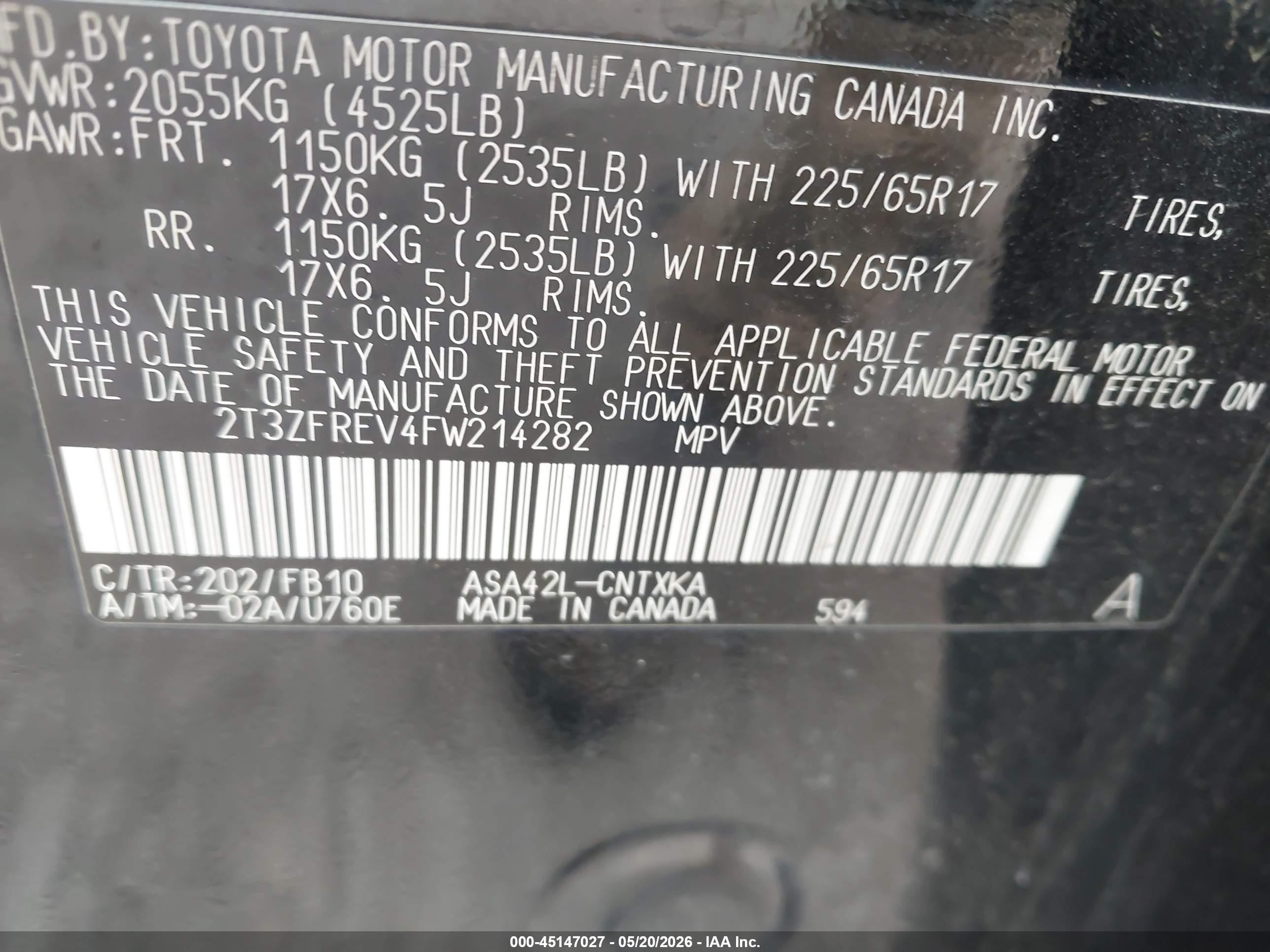 2015 Toyota Rav4 Le Black vin: 2T3ZFREV4FW214282