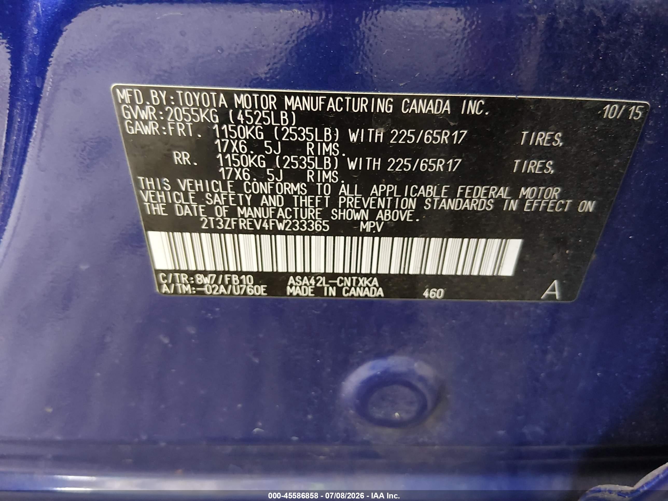 2015 Toyota Rav4 Le Blue vin: 2T3ZFREV4FW233365
