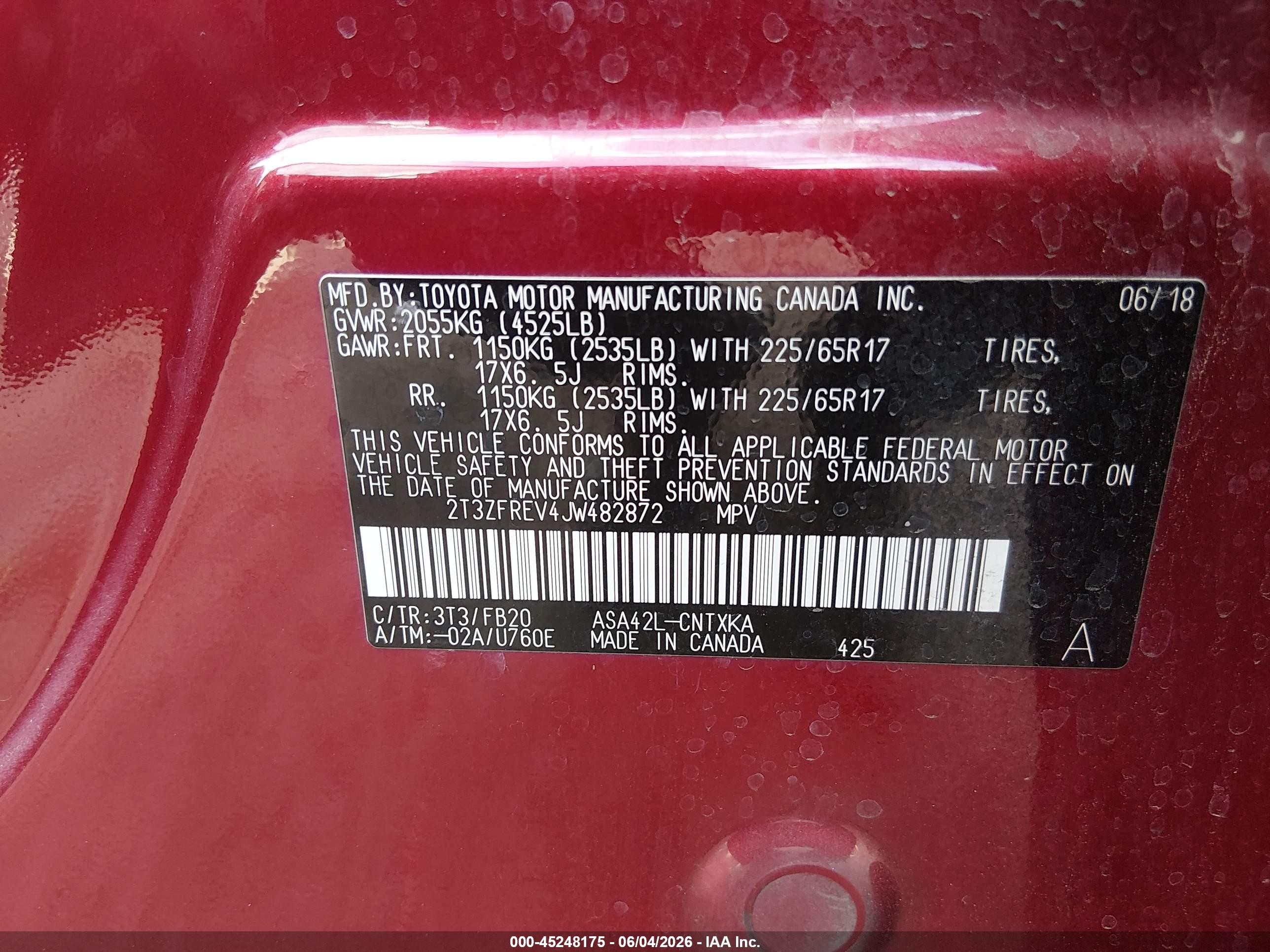 2018 Toyota Rav4 Le Red vin: 2T3ZFREV4JW482872